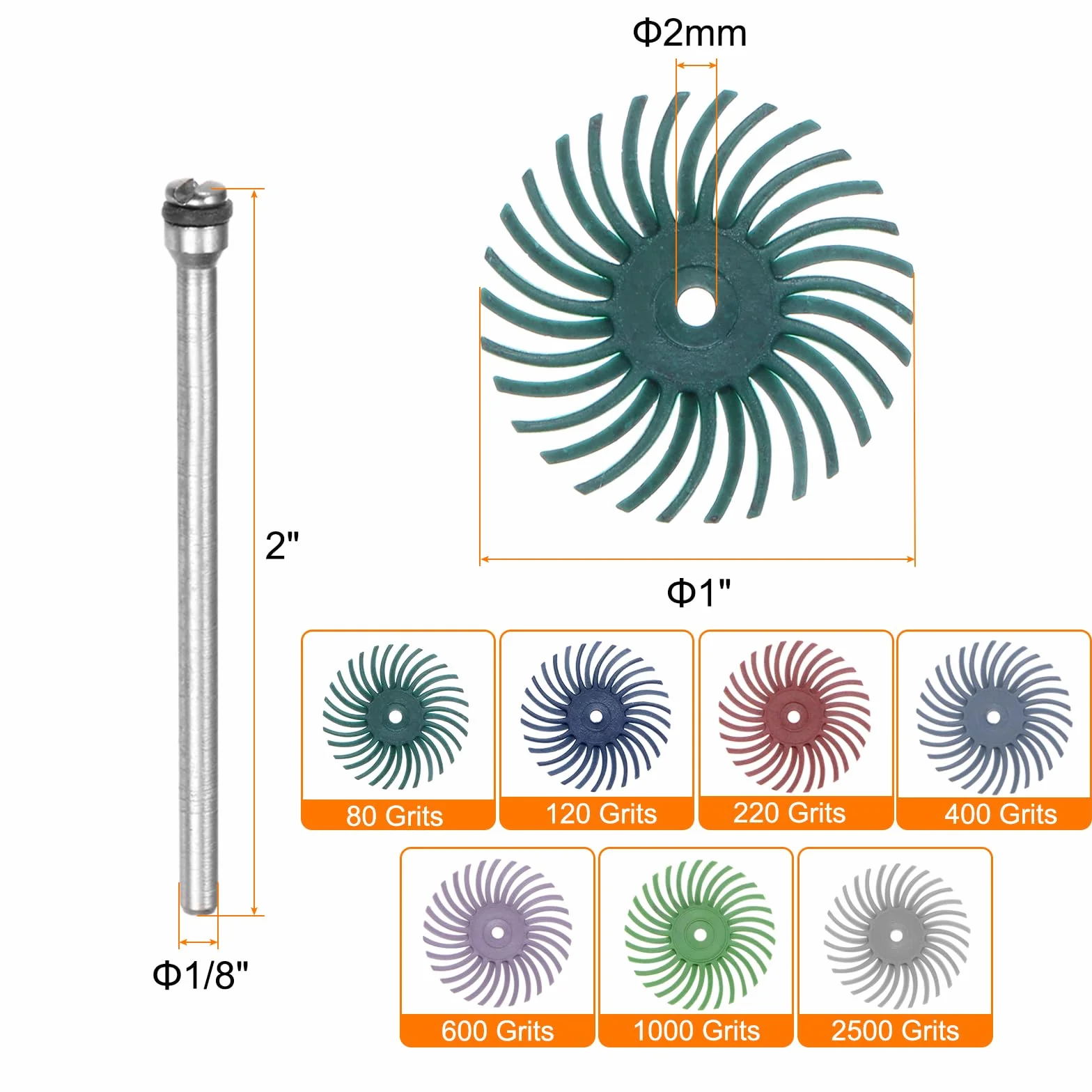 QUARKZMAN 42 Pezzi Set Dischi A Setole Radial 1" 80-2500 Grana Kit Spazzole Abrasive Per Levigatura Ruote Per Lucidatura Con 6 Mandrini 1/8" Per Pulitura E Lucidatura Di Gioielli Metallo