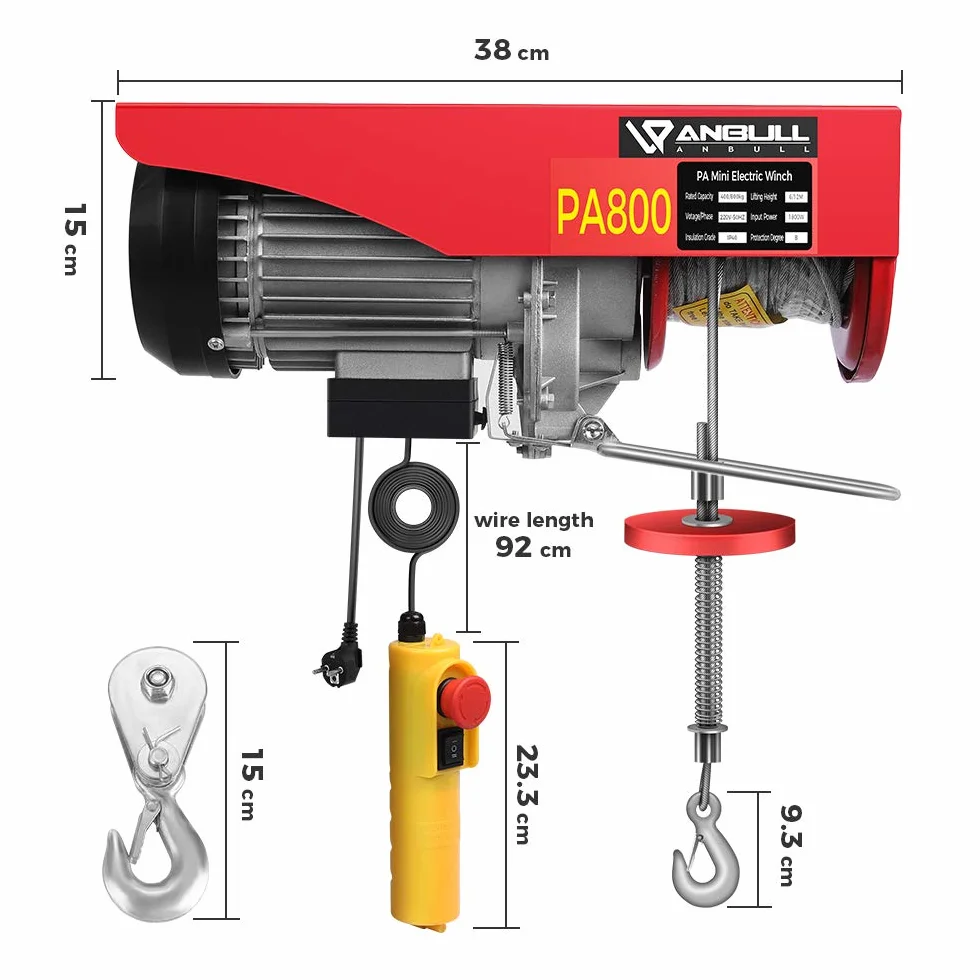 Anbull PA800 - Paranco Elettrico, Guaina elettrica per sollevamento a fune elettrica, da 400 kg fino a 800 kg, 220 V/1450 W, cavo telecomando da 12 m, cavo di sollevamento, (PA800)