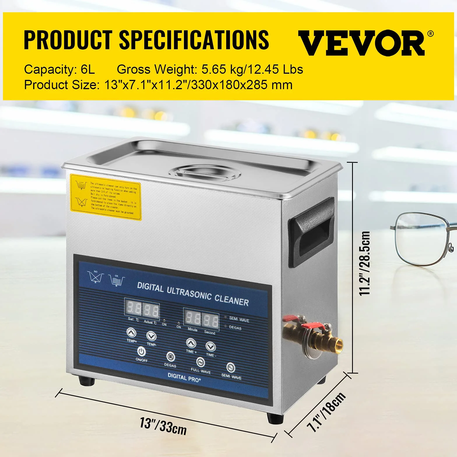 VEVOR Pulitore ad Ultrasuoni 6L Pulitore ad Ultrasuoni Professionale a Doppia Frequenza 28/40 KHZ Dispositivo di Pulizia Ultrasonica con Vasca in Acciaio Inox per Gioielli Occhiali Orologio Dentino