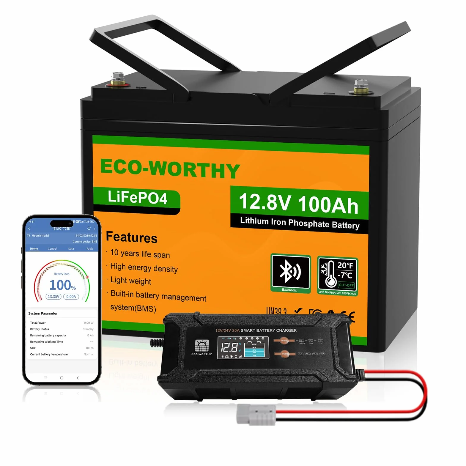 ECO-WORTHY LiFePO4 Bluetooth 12 V 100 Ah con Caricabatterie 12/24 V 20 A, batteria al litio 12 V 100 Ah con protezione BMS a bassa temperatura per camper, barche, roulotte