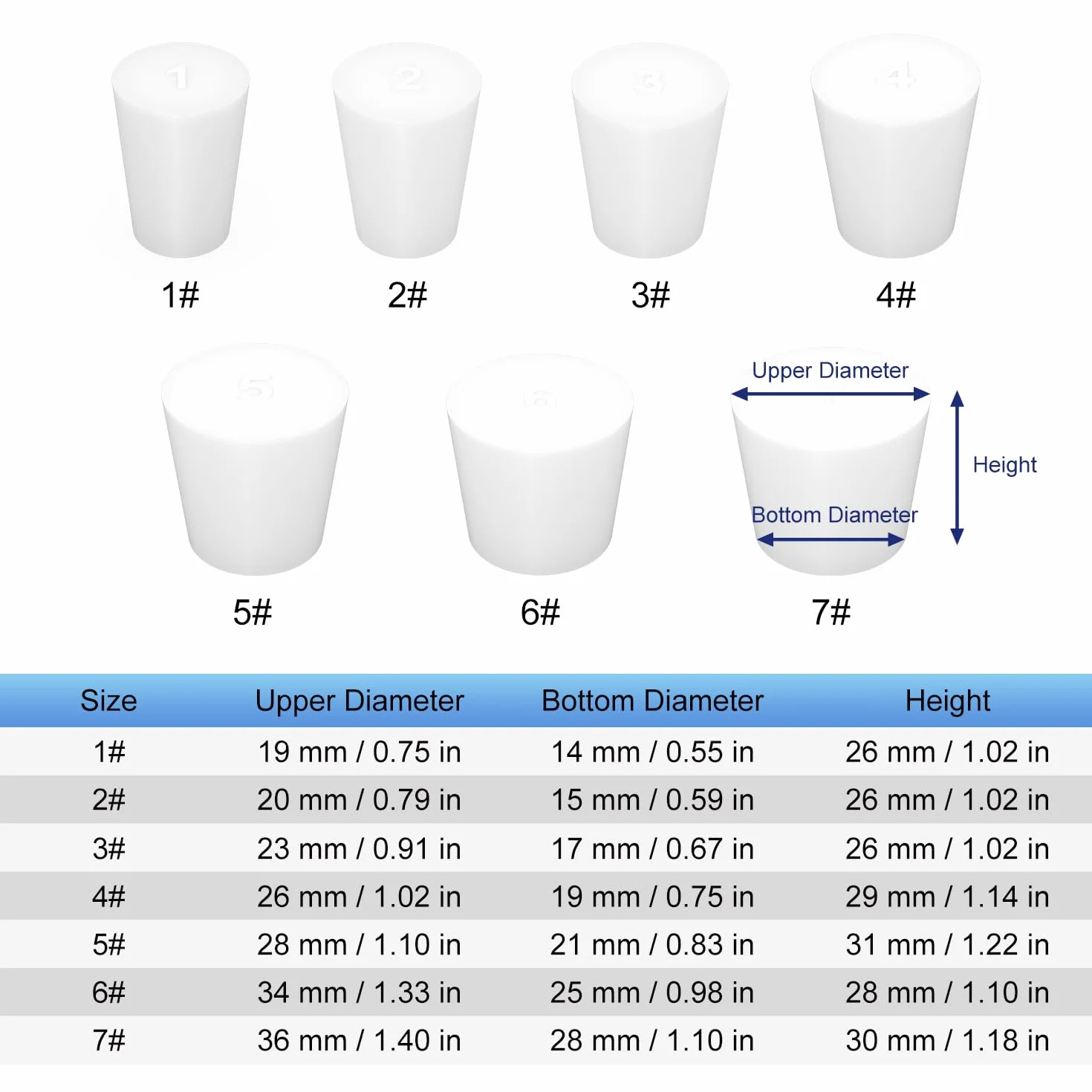 Labasics Tappi in Silicone Solido #5 Conici Bianchi per Laboratorio 2,1 cm 2,8 cm 3,1 cm