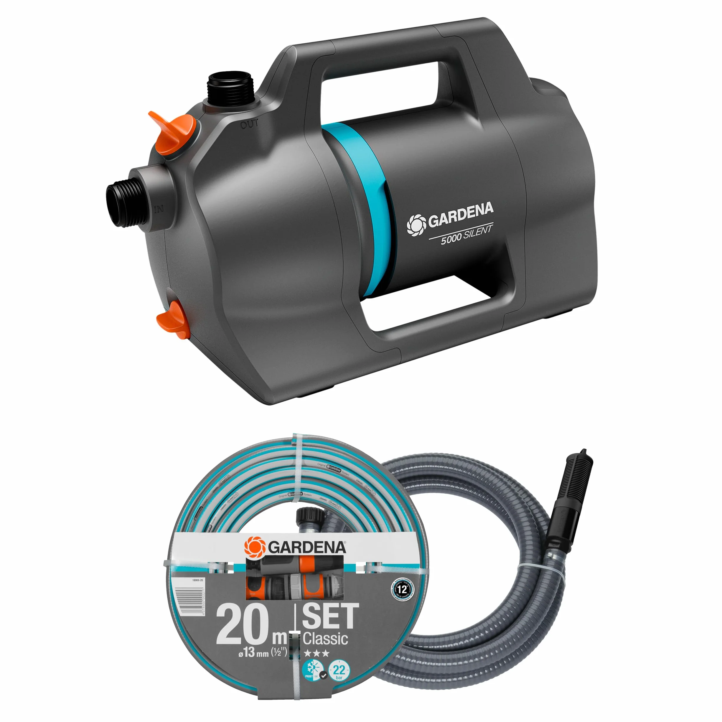 Gardena Set Pompa da Giardino 5000 Silent Pompe: 26% di portata in più a parità di consumo energetico rispetto al modello precedente*, Funzionamento silenzioso (9081-20 9081-61)