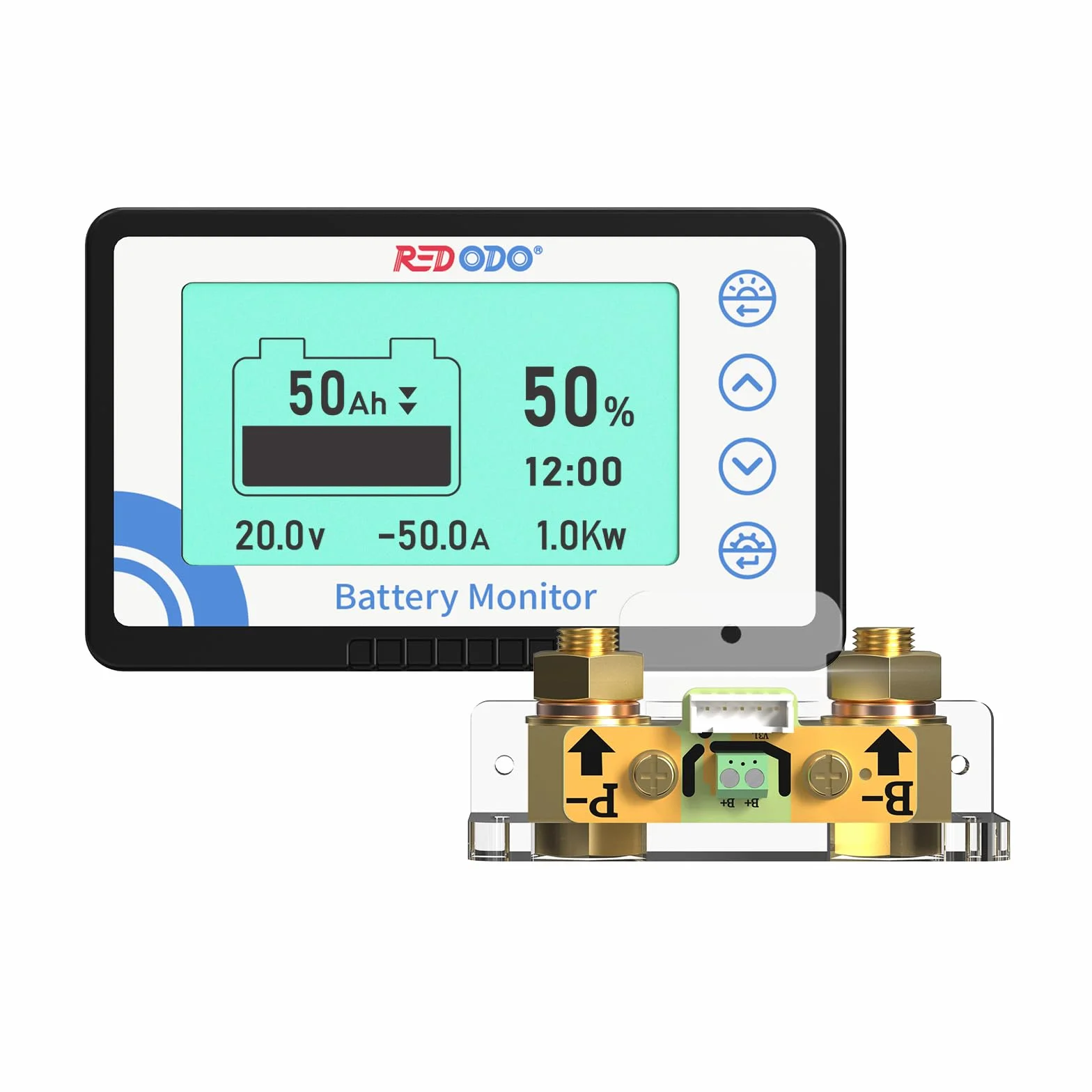 Redodo 500A Batteria Monitor con Shunt, Misuratore di Tensione della Batteria con Intervallo 8V~120V, Cavo Schermato da 20 Piedi, Compatibile con Batterie al Gel, al Piombo e LiFePO4