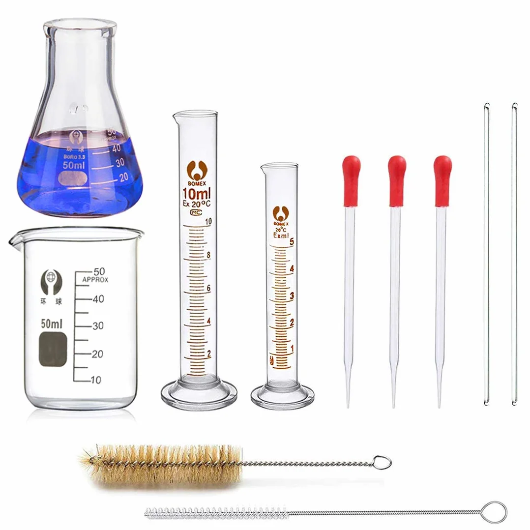 Pallone Graduato in Vetro Borosilicato, JESSTOLO 50ml Erlenmeyer Boccette di Vetro, 50ml Becher Graduato, 5ml/10ml Cilindro Graduato, con 3 Contagocce, 2 Barra di Agitazione et 2 Spazzolini di Pulizia