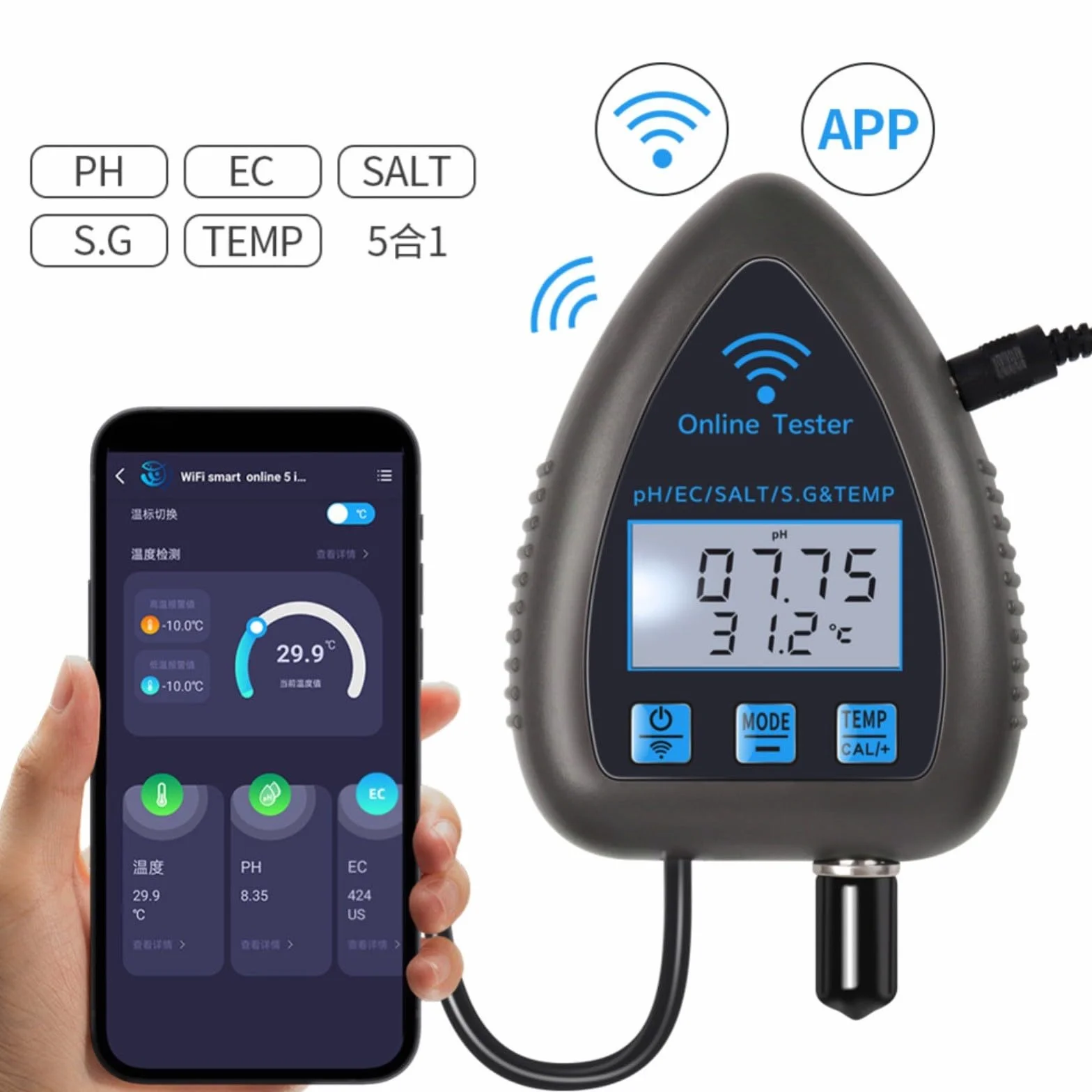 Per Tuya 5-in-1 WiFi PH Monitor e Tester di Qualità Dell'Acqua Con Salinità, Gravità Specifica, Sensori di Temperatura Per Acquari, Laghetti Di Pesci, Idroponica (WF9953)