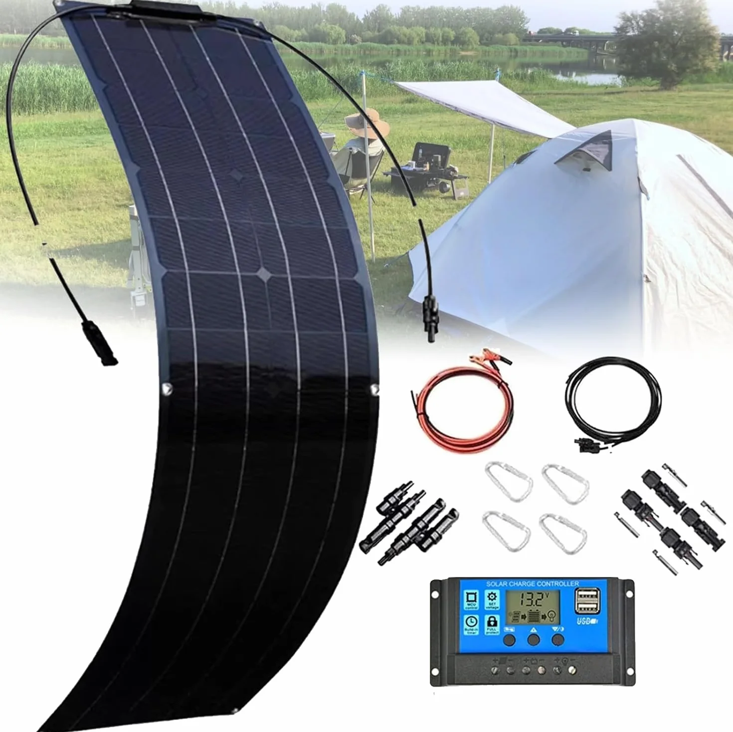 Kit Pannello Solare Flessibile 300W/600W/1200W, Pannello Solare Flessibile Monocristallino Ad Alta Efficienza, con Regolatore di Carica 40A, IP67, per Camper, Barca, Casa