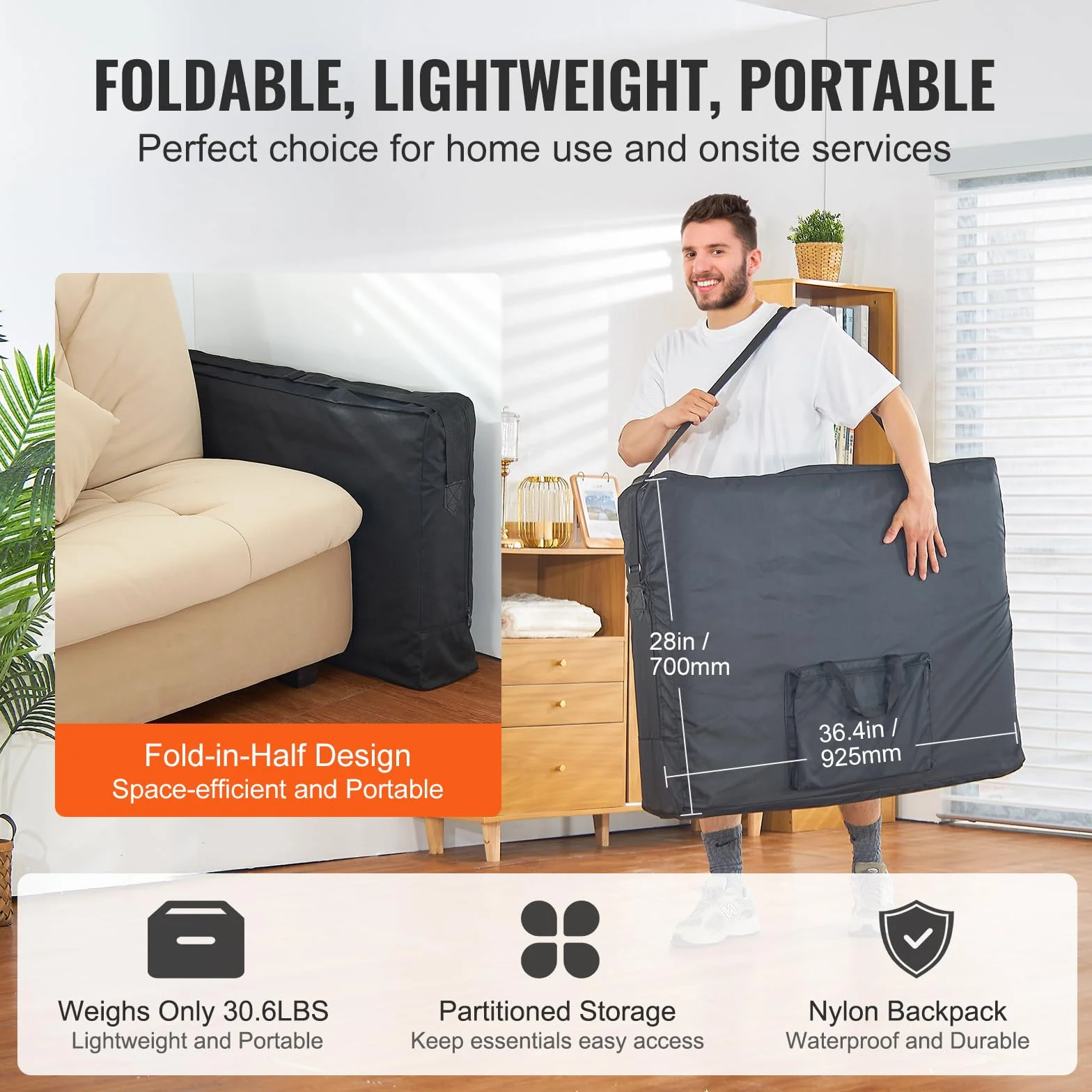 VEVOR Lettino da Massaggio Portatile, Lettino Tatuaggi Salone Pieghevole Leggero Altezza Regolabile 8 Livelli, Lettino Spa, Poggiatesta, Braccioli, Tavolozza, Trasporto Borsa, 700 mm, Portata 272 kg