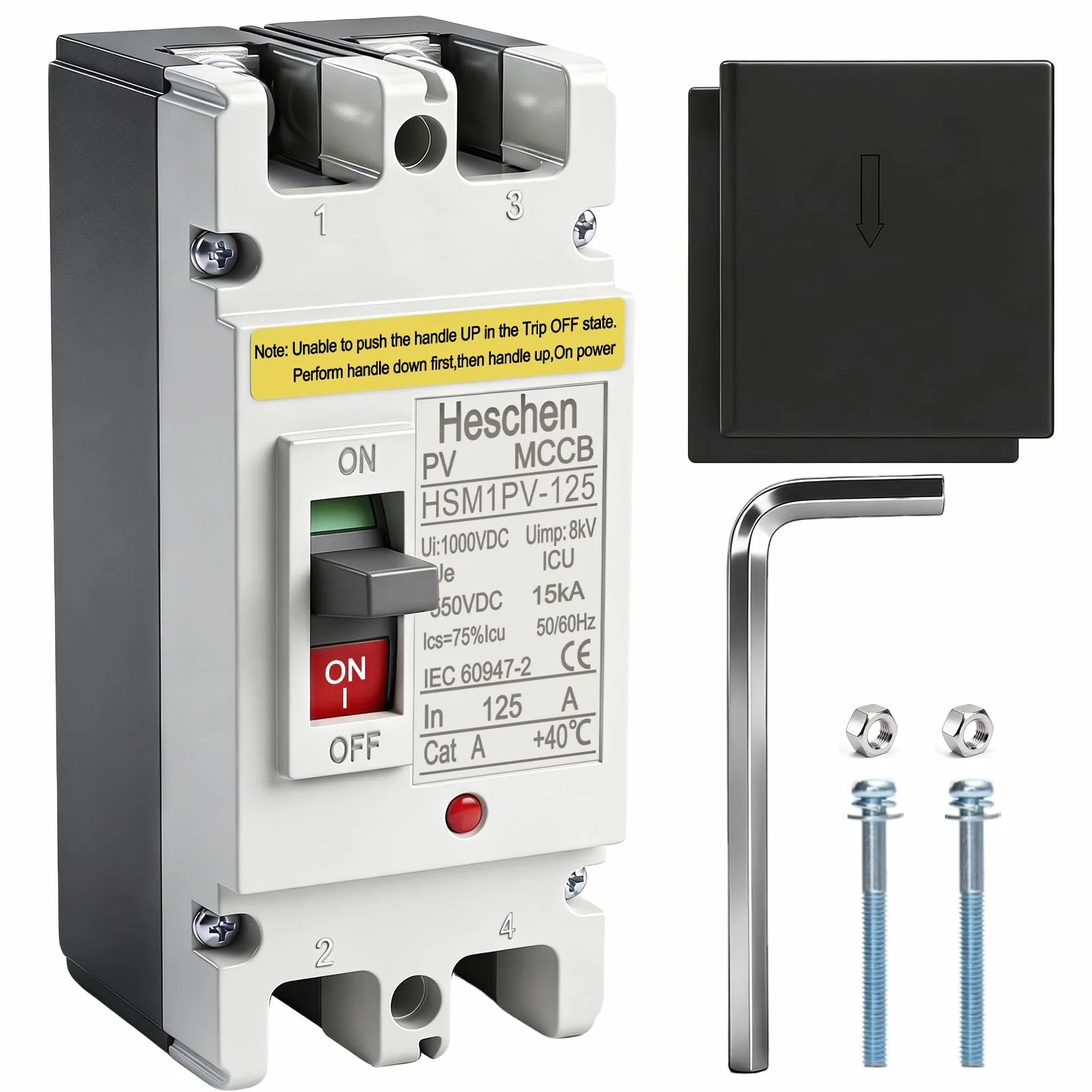 Heschen Interruttore automatico scatolato CC MCCB, 2P, DC550V, interruttore automatico fotovoltaico, per sistema solare fotovoltaico Pannelli solari Sistema di rete (125A, HSM1PV-125)