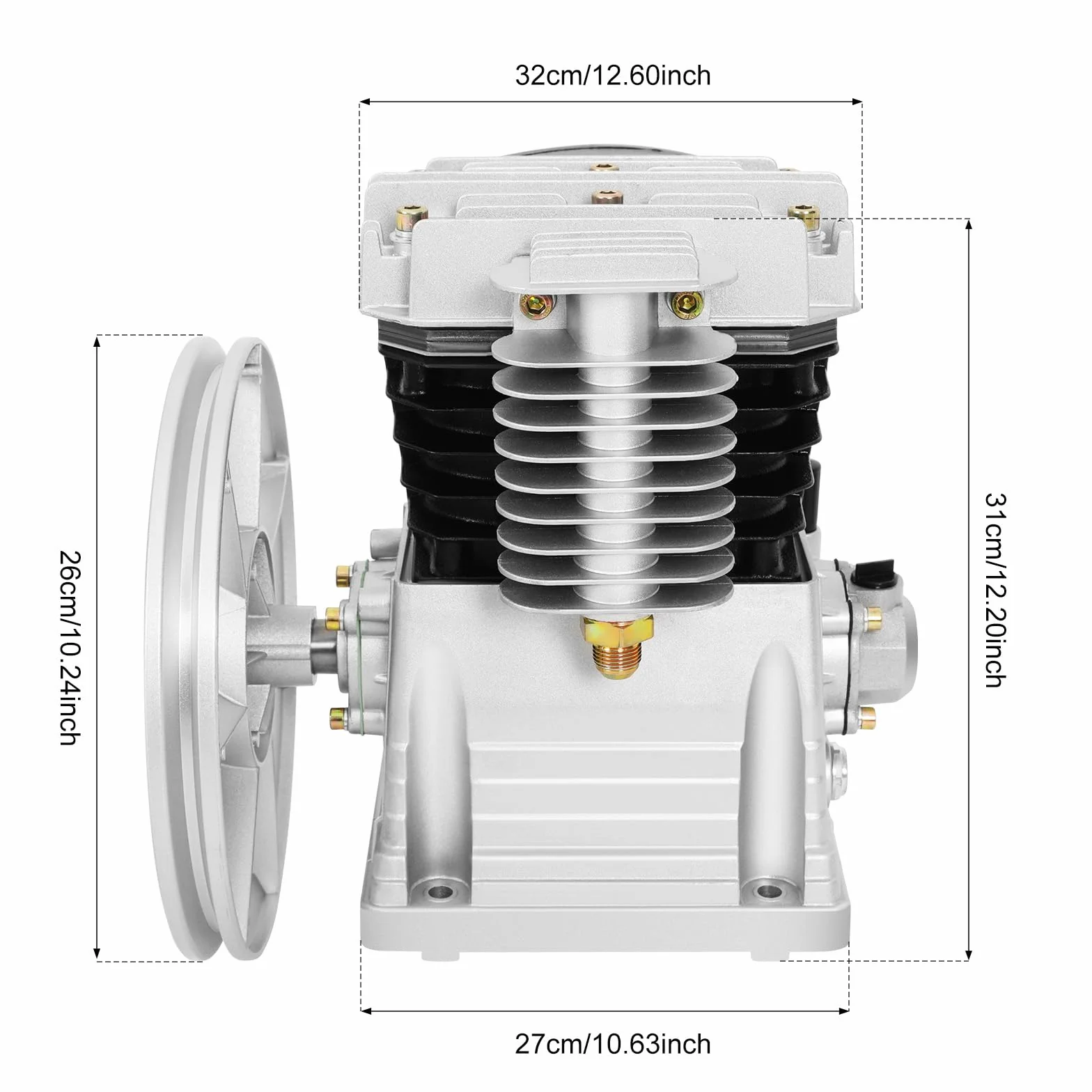 Testa della pompa del compressore d'aria, 65 mm, doppio cilindro, 420 l/min, 8 bar, testa del pistone in alluminio compatibile con motore 3HP, silenziatore e accessori inclusi