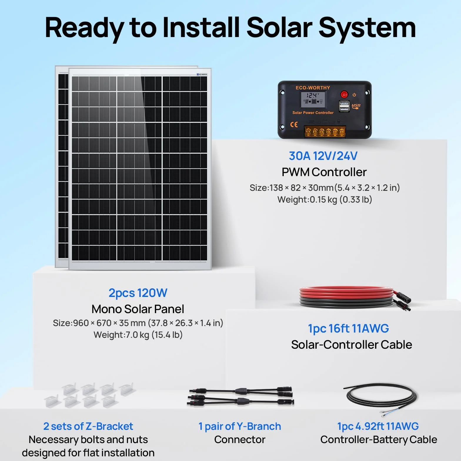 ECO-WORTHY Kit pannello solare da 240 W 12 V 1 kWh/giorno fuori rete per camper, auto, barca, riparo da campeggio: 2 pannelli mono 120 W + regolatore PWM 30 A