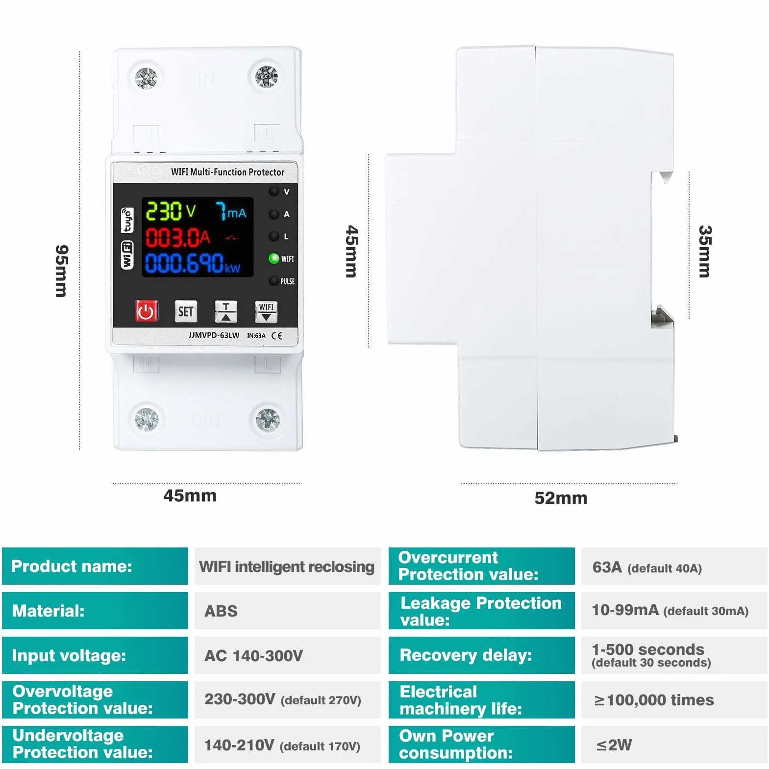 DEWIN Contatore Energia Elettrica WiFi,63A 220V Protettore di Sovratensione e Sottotensione Misuratore Energia Elettrica WiFi Scaricatore di Sovratensione 220V