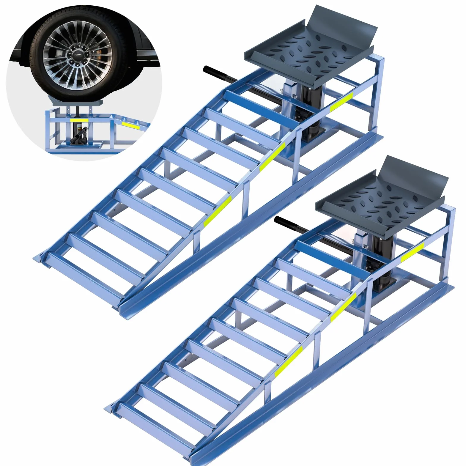 2 rampe per auto, 5T/4989,5 kg, rampa per auto ad alto carico, rampa per cambio olio idraulico con striscia riflettente notturna ad alta visibilità integrata, altezza di sollevamento regolabile di