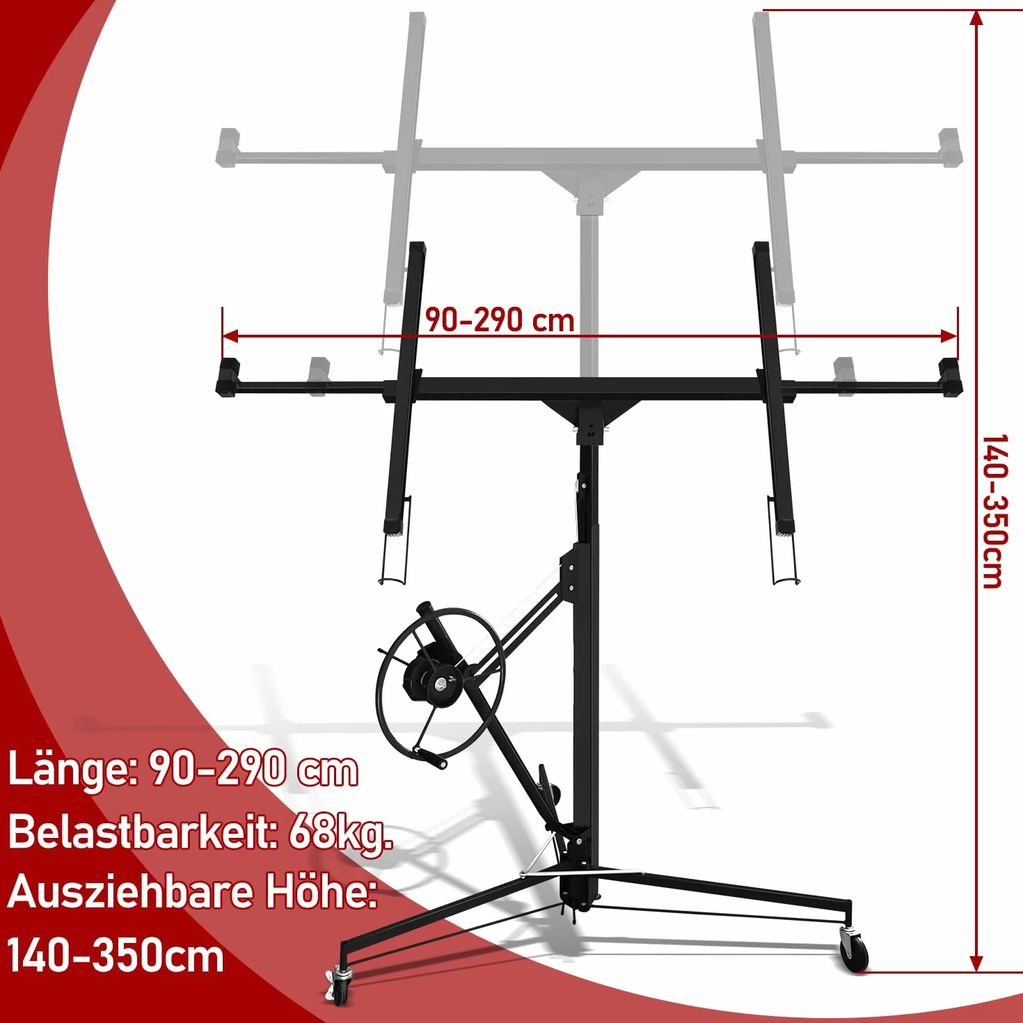 Sollevatore pannelli cartongesso XXL, regolabile in altezza, 3 ruote con freno di stazionamento, pieghevole, massimo 290 cm di larghezza del braccio, fino a max. 68 kg