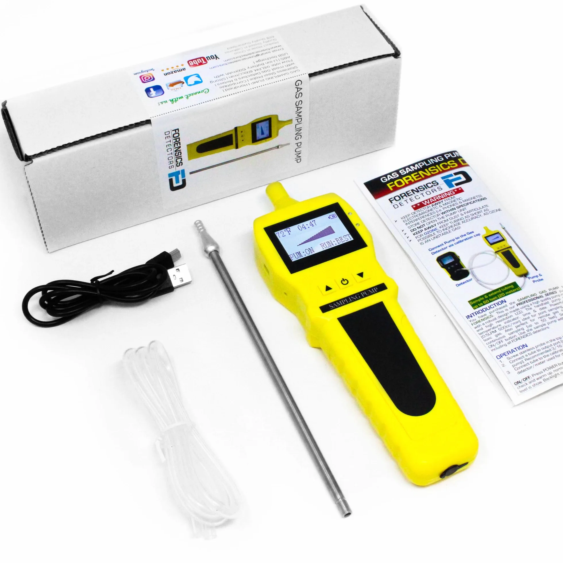 Pompa di Campionamento Gas by FORENSICS | Sonda in Acciaio Inox | Progettata per Rilevatori e Misuratori di Gas | Portata: 0,5 LPM, 500 cc/min | ABS Rinforzato | Ricarica USB |