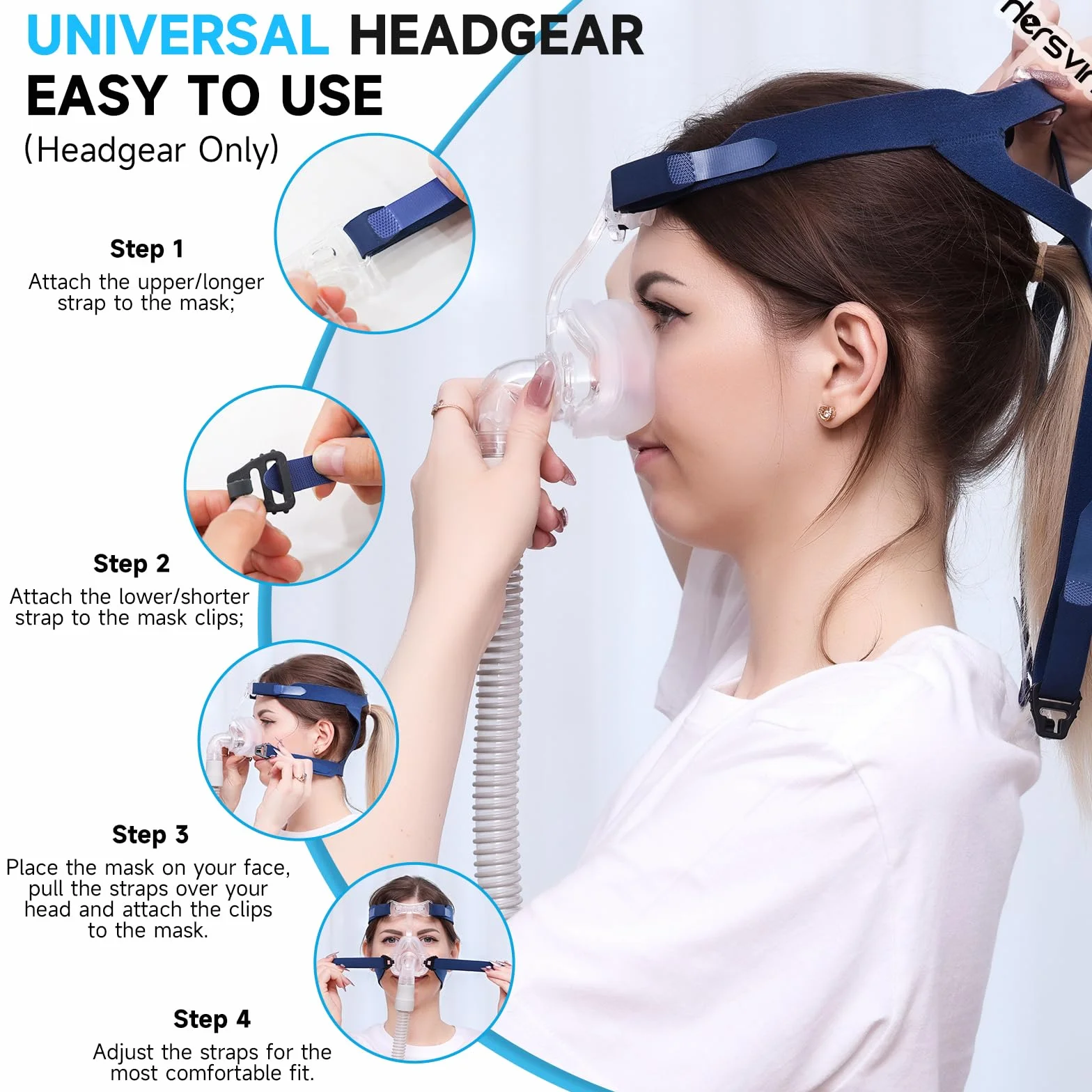 Hersvin Copricapo Universale CPAP Fascia Regolabili Ricambio per Maschera Nasale Facciale Integrale Respironics Resmed Resmart Blu