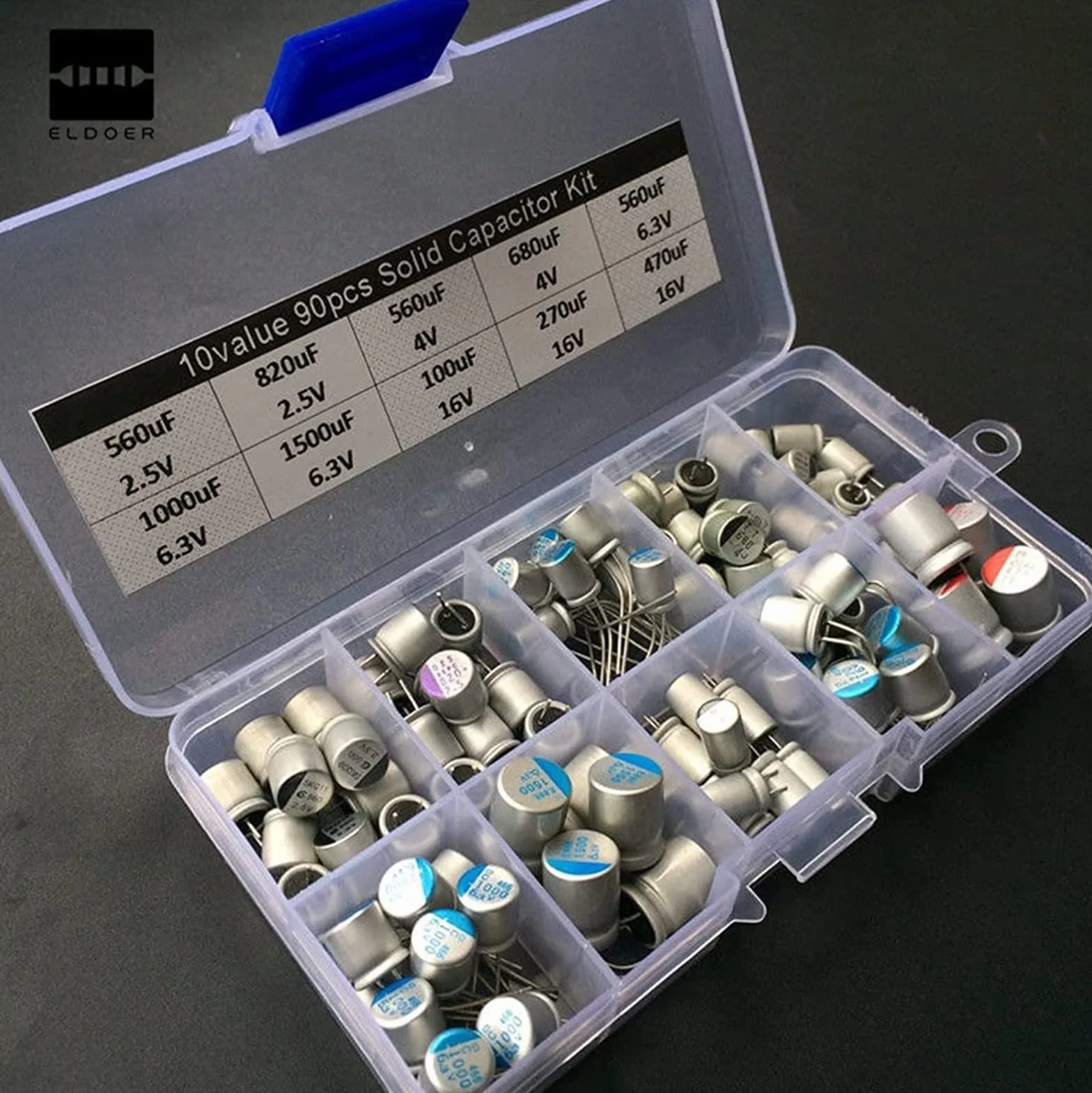 Kit condensatore 10 valori Kit assortito di condensatori solidi da 90 pezzi 2,5 V ~ 16 V 100 uF ~ 1500 uF con condensatori a scatola 13 x 6,5 x 2,2 cm Condensatori for componenti elettronici