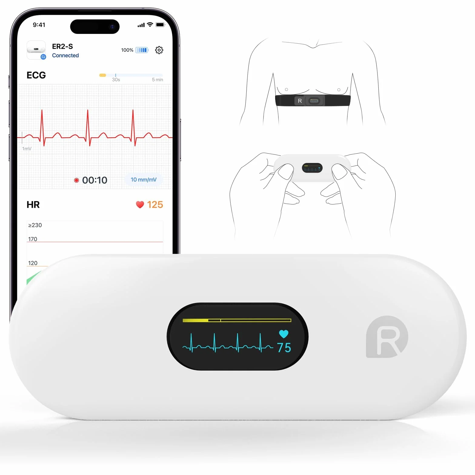 CheckMe ER2-S EKG per casa, dispositivo EKG portatile con fascia toracica precisa (registrazione da 30 secondi a 15 minuti), visualizzazione in tempo reale tramite app, spazio di archiviazione illimit