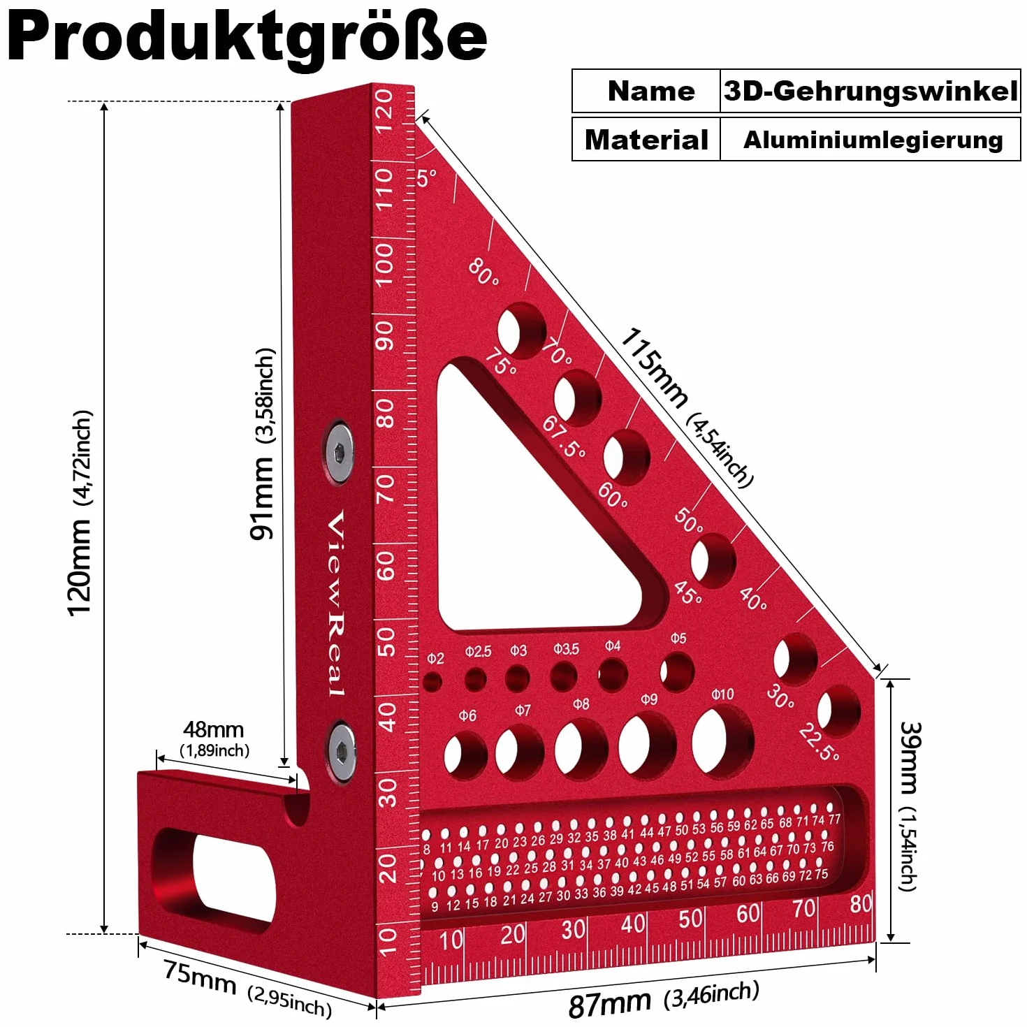 Righello 3D in alluminio 8,7 cm quadrato 22,5-90 strumento di layout ad alta precisione