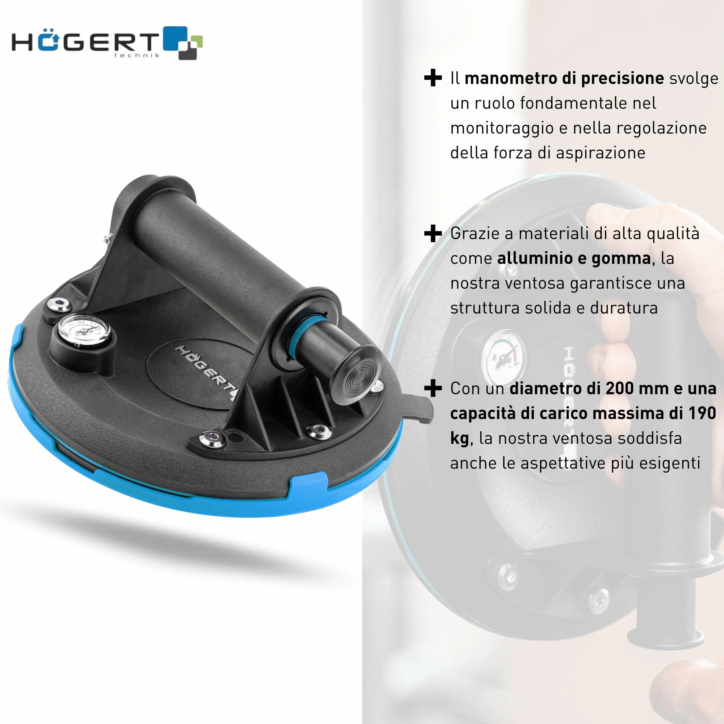 Högert Technik - Tazza a mano da 200 mm con manometro | Carico massimo: 190 kg | Aspiratore manuale | Ventosa resistente | La ventosa viene utilizzata per il trasporto di vetri della finestra, oggetti