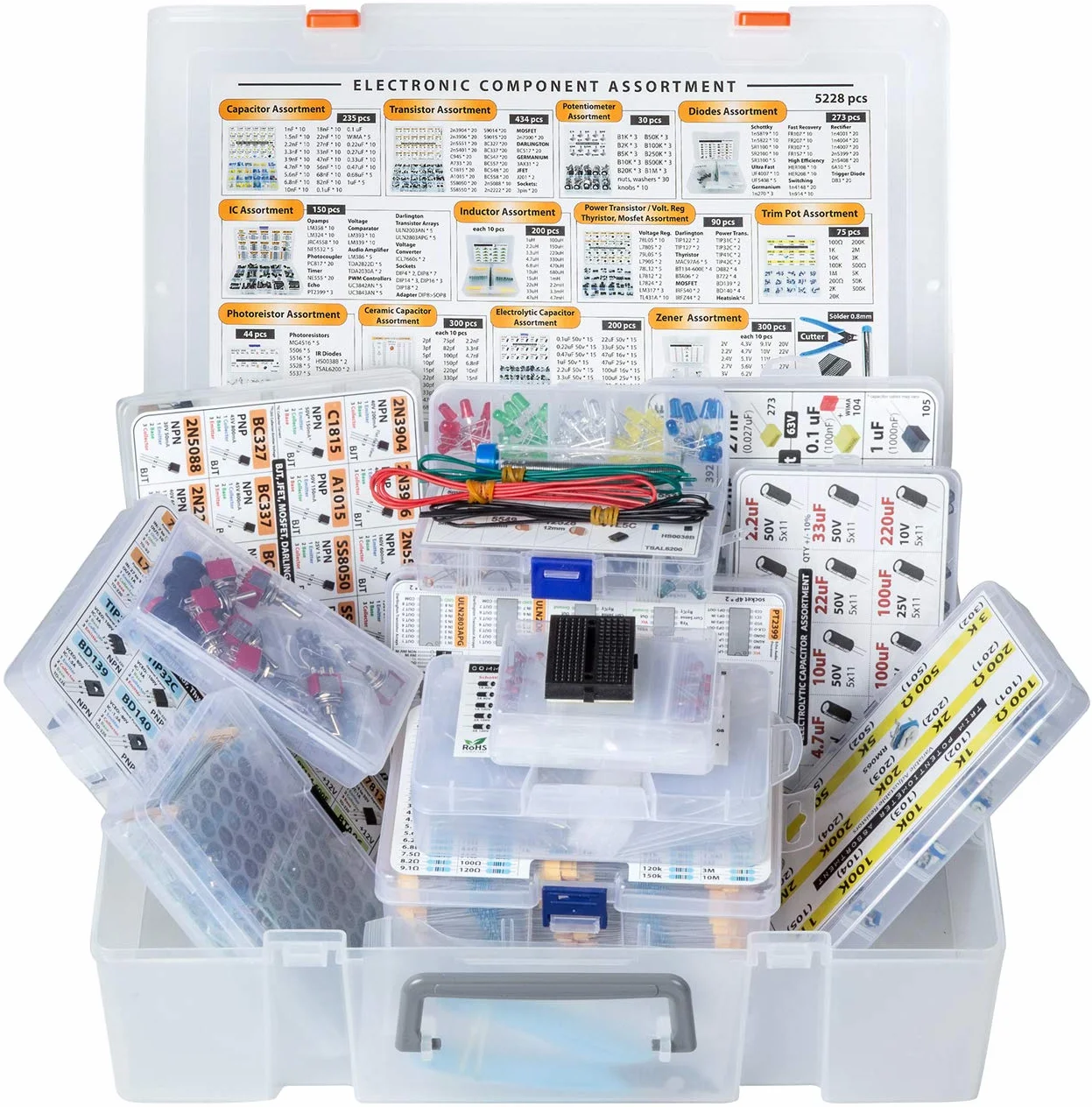 Scatola di componenti elettronici XXXL 5228 pezzi, condensatori, transistor, potenziometri, diodi, circuiti integrati, induttori, regolatori, mosfetti, barattoli di rivestimento, LED, PCB,