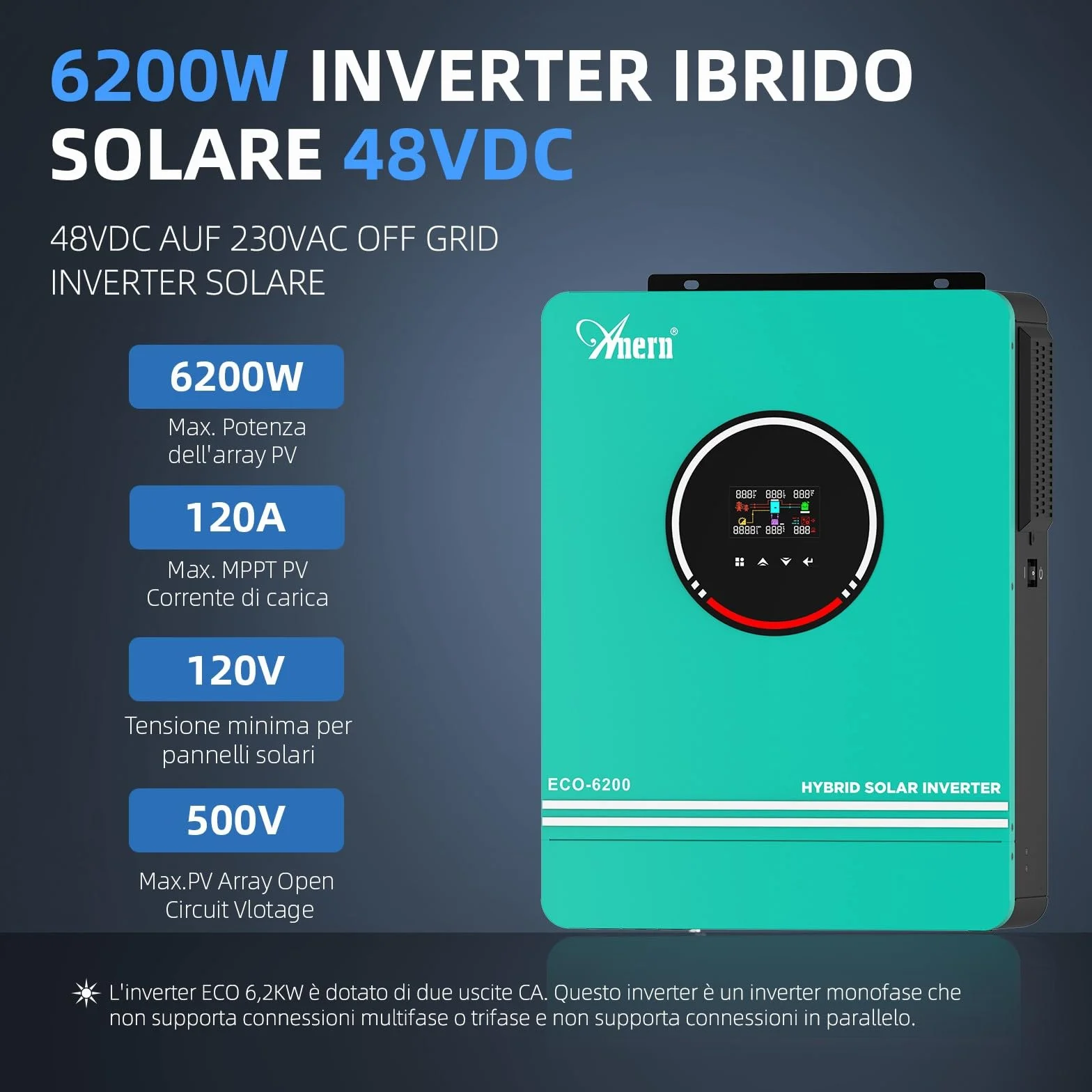 Anern Inverter solare ibrido 6200W Mit WIFI 48VDC a 220 V/230 VAC con regolatore solare 120A, ingresso PV max.500 V, funzionamento con batterie al piombo da 48V e al litio