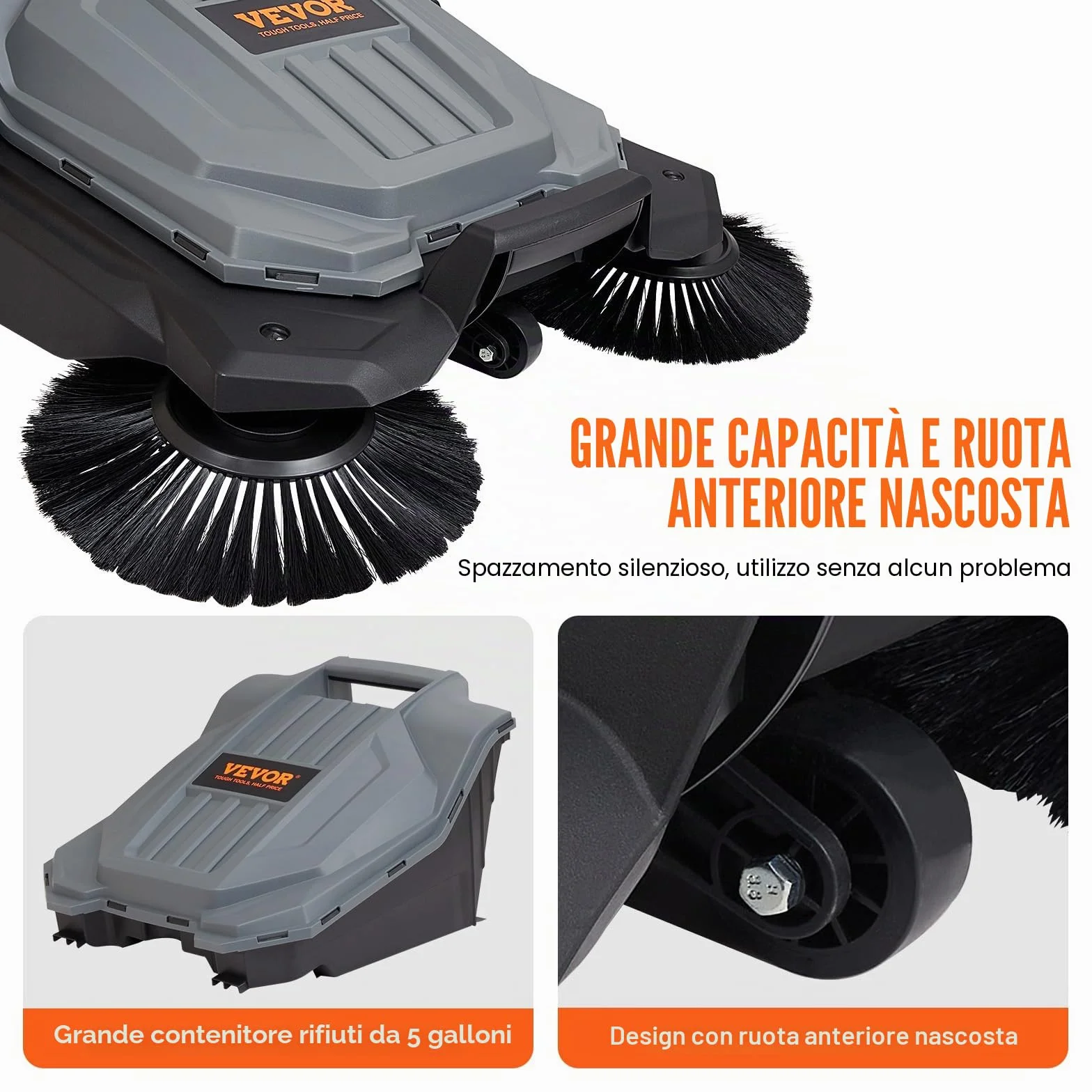 VEVOR Spazzatrice per pavimenti a terra manuale, larghezza 25,6" Spazzatrice per pavimenti manuale, contenitore per rifiuti da 5 galloni, maniglia in angolazione e altezza, cortile, garage, patio