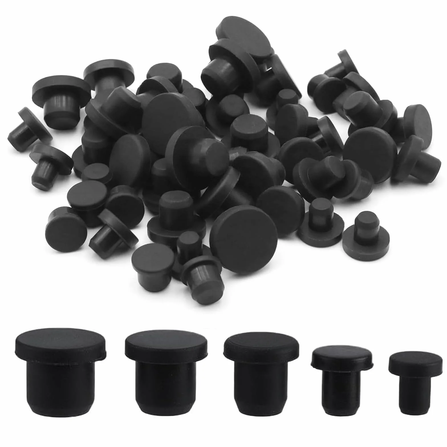Tappi in Gomma Silicone Impermeabili, 5 Misure, 50 Pezzi, Fori 4-9,5 mm, Nero