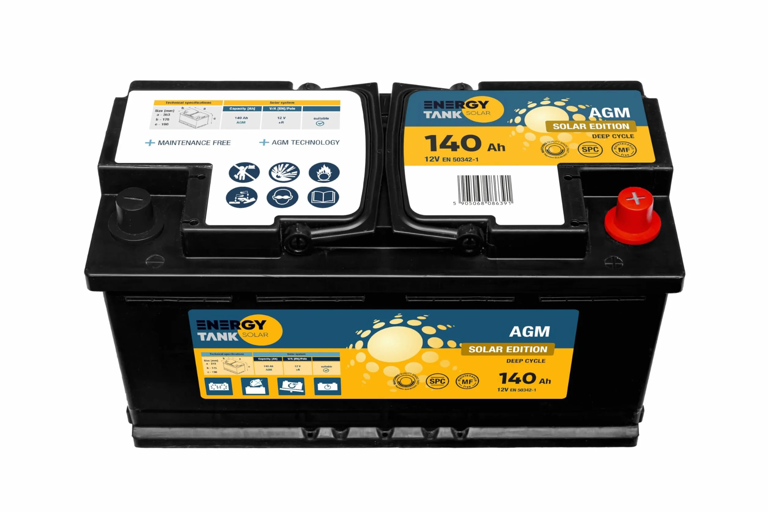 EnergyTank Batteria AGM Solare a Scarica Lenta 12 V 140Ah per Camper, Barca e Servizi – Senza Manutenzione, Anti-vibrazioni, Sicura per Interni, Lunga Durata