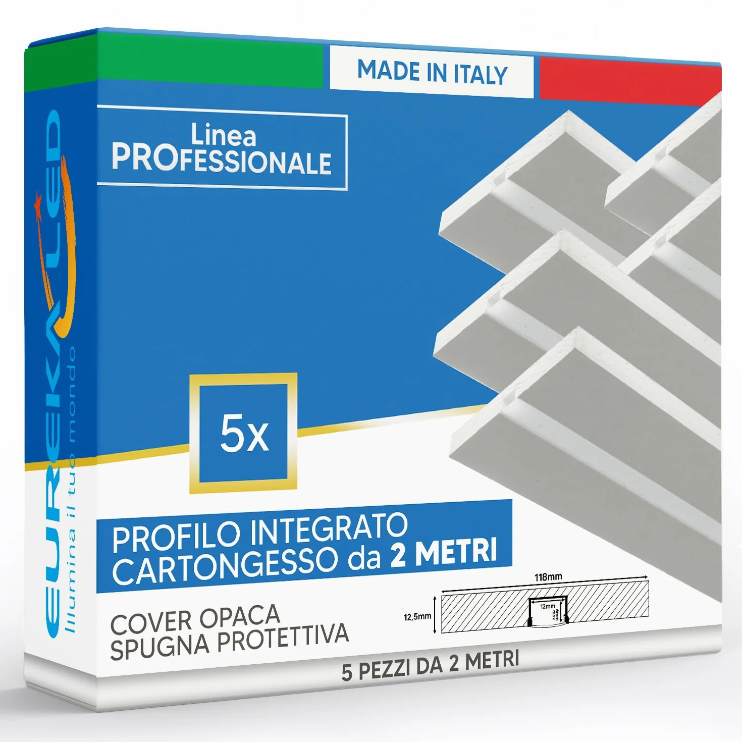Eurekaled – 5pz Profilo in alluminio per strip led 2mt - Integrato in lastra di cartongesso spessore 12,5mm - Struttura pronta da incasso e montaggio - Taglio di luce con copertura opaca - A scomparsa