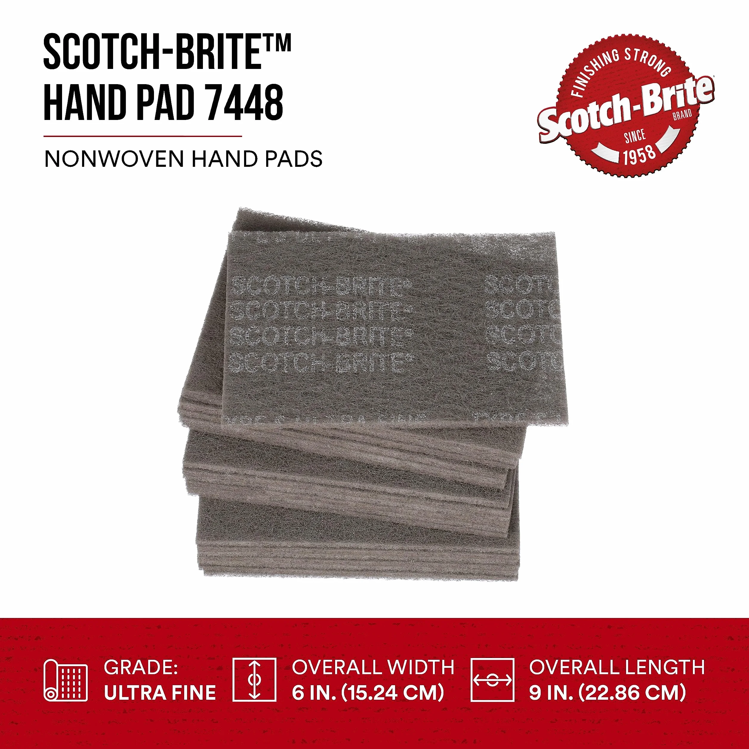 Scotch-Brite 04028 7448 - Cuscinetto a mano ultra fine, 15,2 x 22,9 cm, grana abrasiva al carburo di silicio, diametro 10,2 cm, confezione da 20