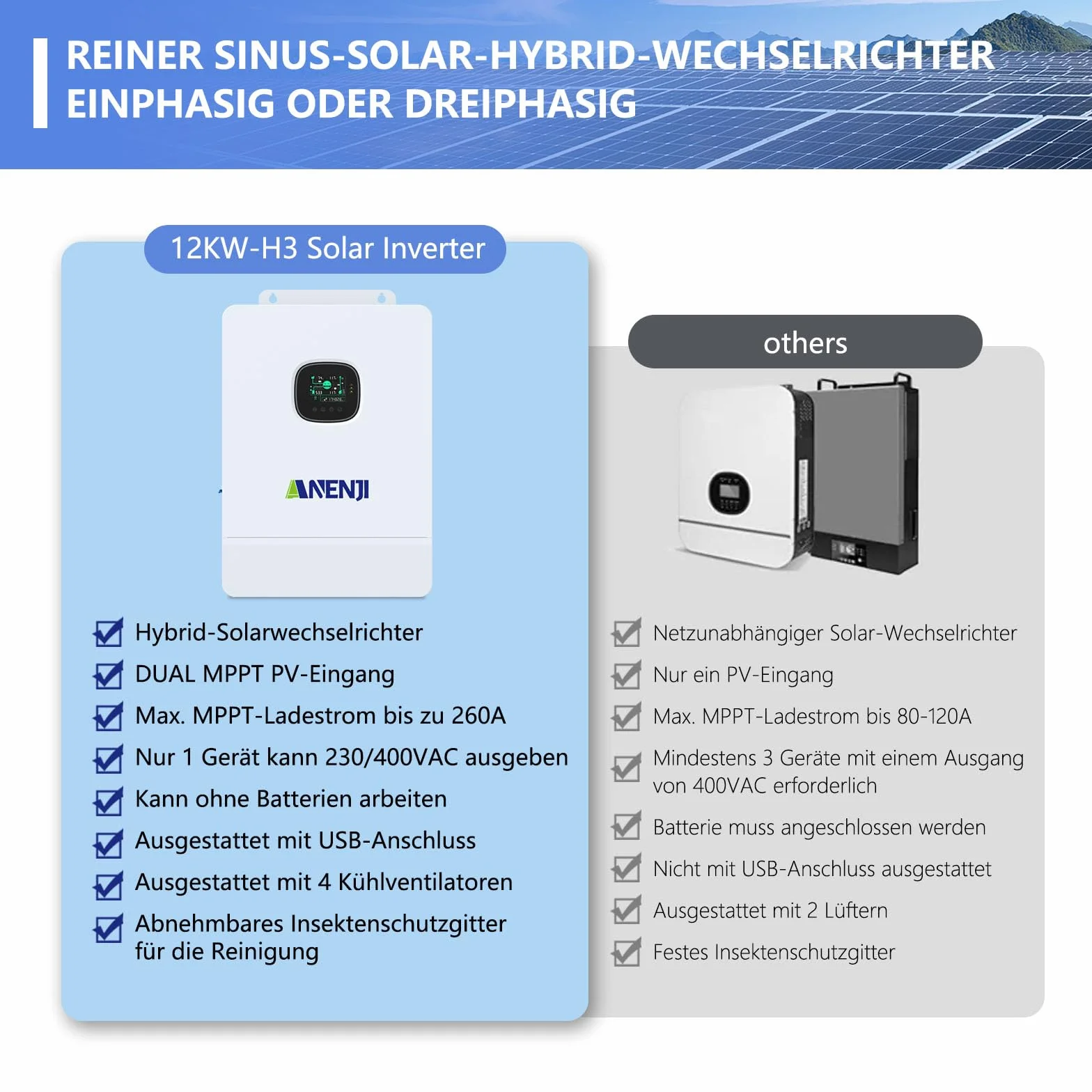 Inverter ibrido da 12 KW All-in-One singolo fase e tre fasi 48 V DC a 230/400 V AC inverter solare integrato 260 A, regolatore di carica MPPT, per acido piombo, batteria al litio o batterie