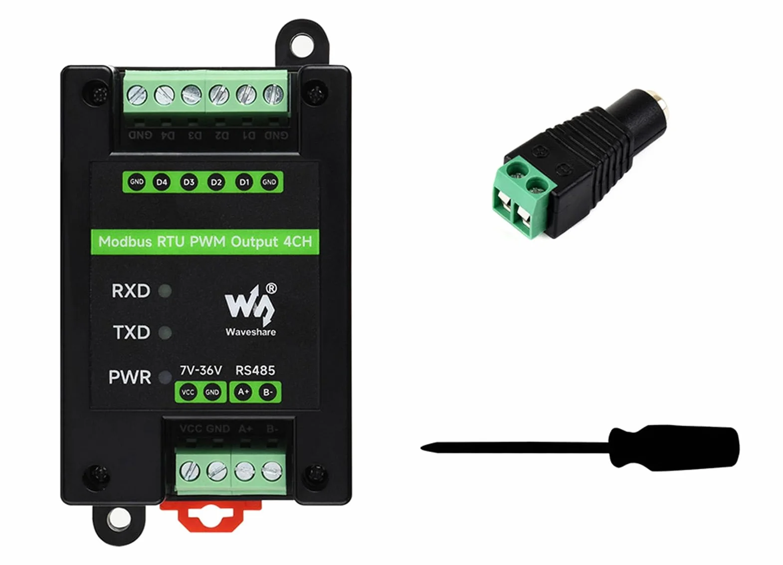 Modbus RTU PWM Output Module 4CH, Isolated RS485 to 4-Channel PWM Controller, Adjustable Frequency & Duty Cycle, 7-36V Power Input, DIN Rail Mount Case, Surge/TVS Protection, LEDs