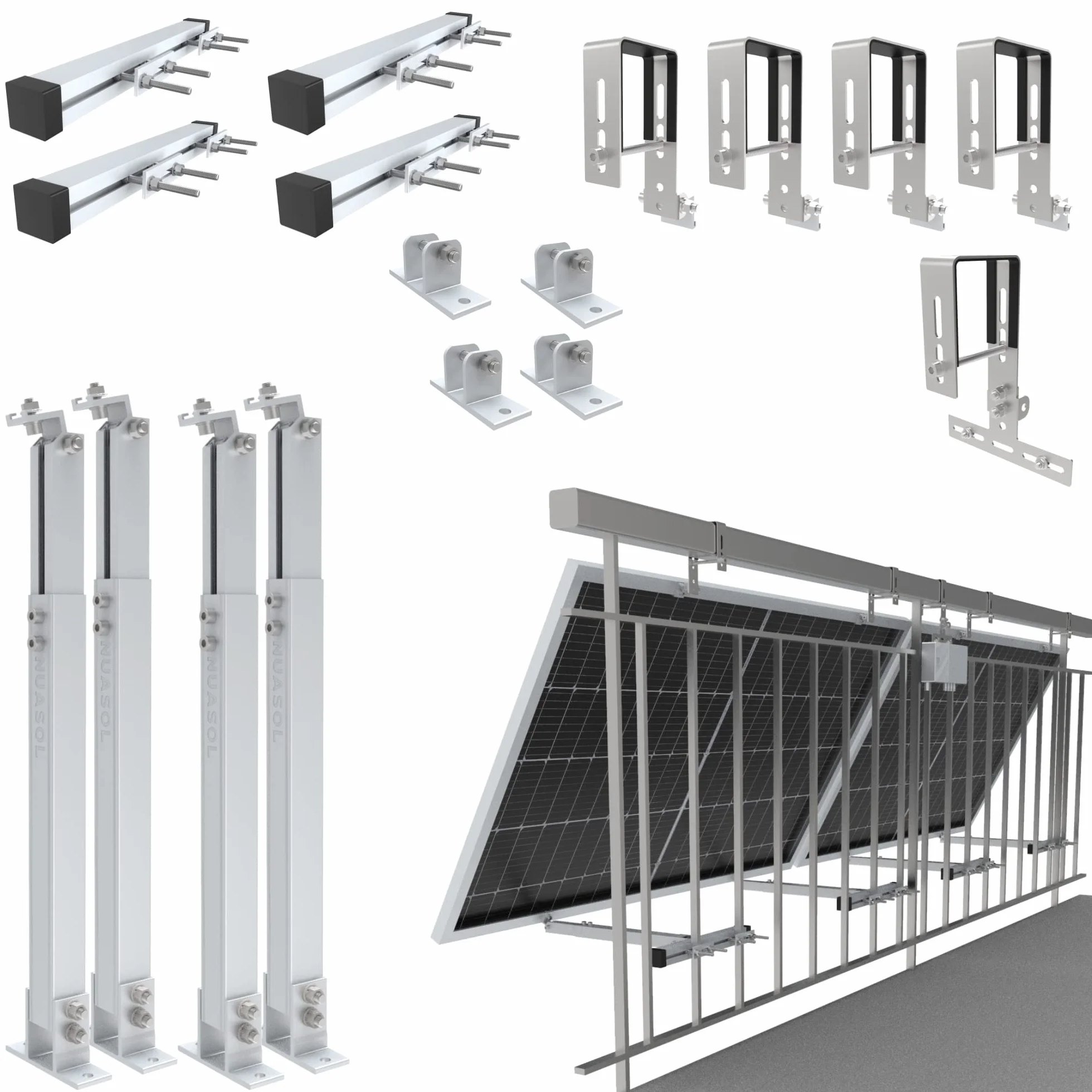 Supporto per centrale elettrica da balcone per ringhiera 2 pannelli solari e un inverter fotovoltaico | rettangolare | Set | angolo di inclinazione 0° & 25-45°