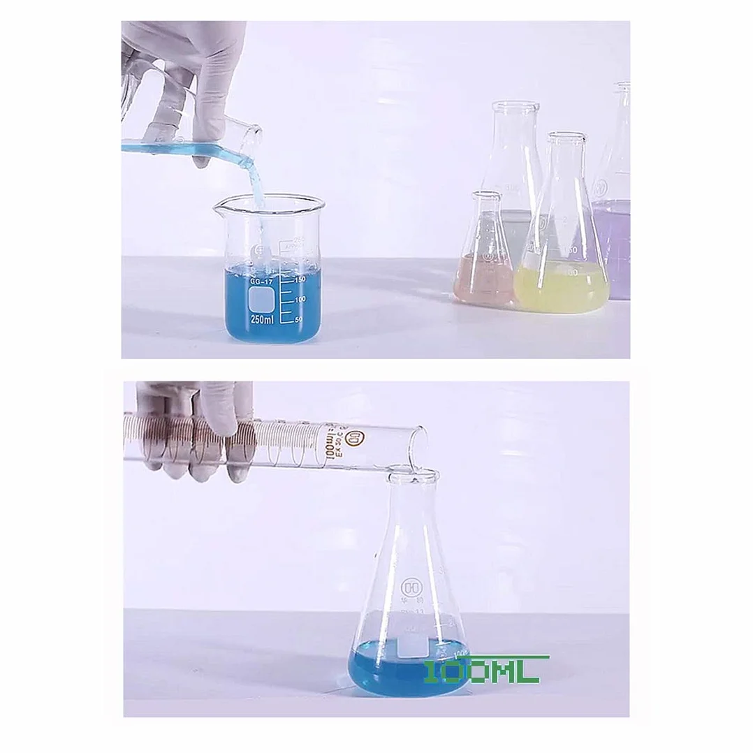 Pallone Graduato in Vetro Borosilicato, JESSTOLO 50ml Erlenmeyer Boccette di Vetro, 50ml Becher Graduato, 5ml/10ml Cilindro Graduato, con 3 Contagocce, 2 Barra di Agitazione et 2 Spazzolini di Pulizia