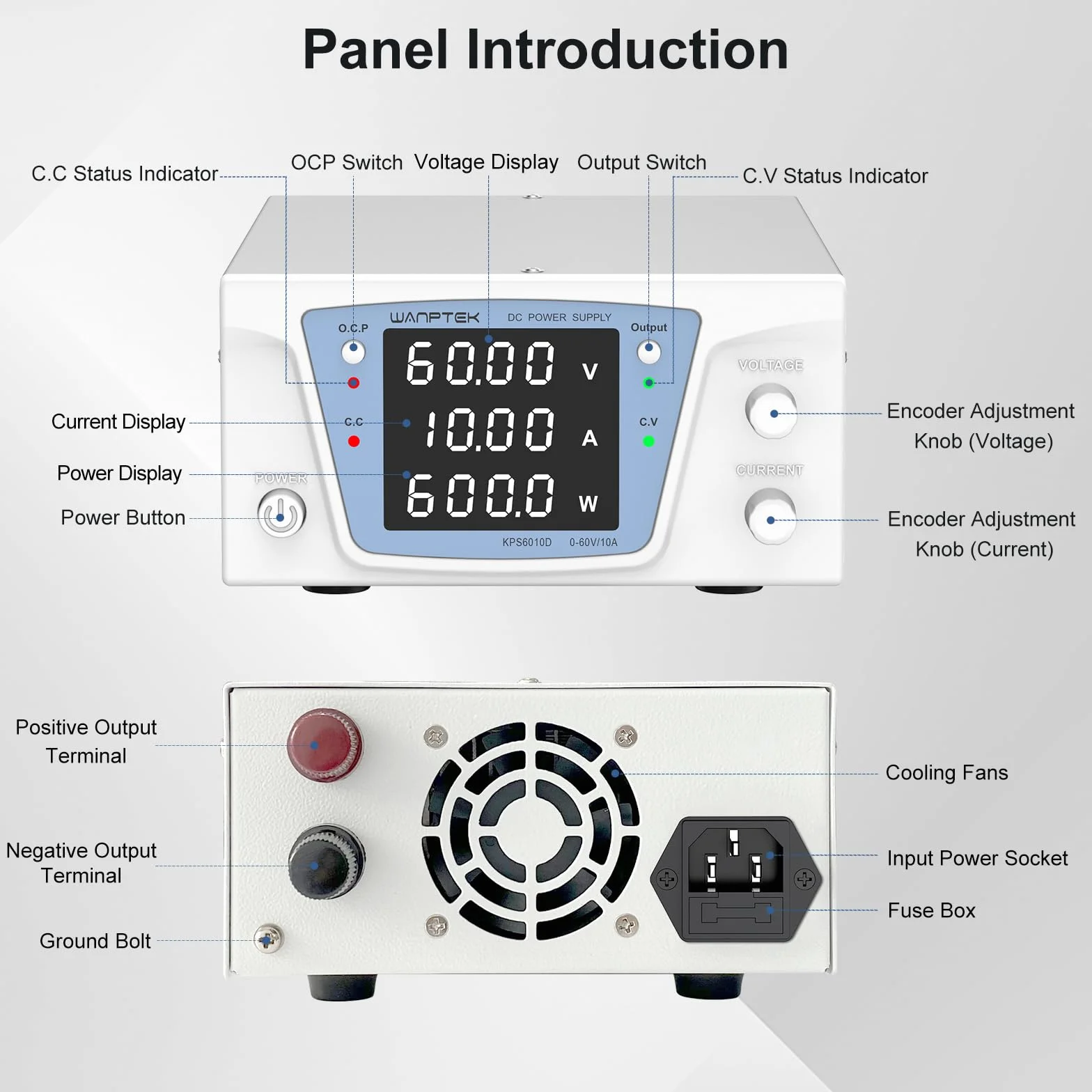 Alimentatore da Laboratorio 60V 10A 600W, Alimentatore da Banco DC Regolabile ad Alta Potenza, Display LED 4 Cifre ad Alta Precisione, Controllo Encoder e Pulsante Output