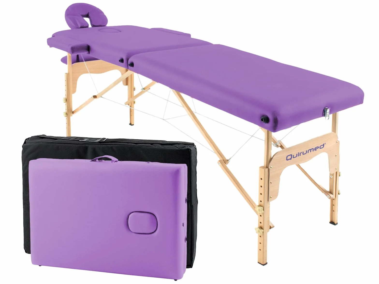 QUIRUMED Easy Lettino da massaggio pieghevole in legno, colore viola, 182 x 60 cm, similpelle, portatile, testa rimovibile leggera, foro facciale, altezza regolabile, fino a 120 kg
