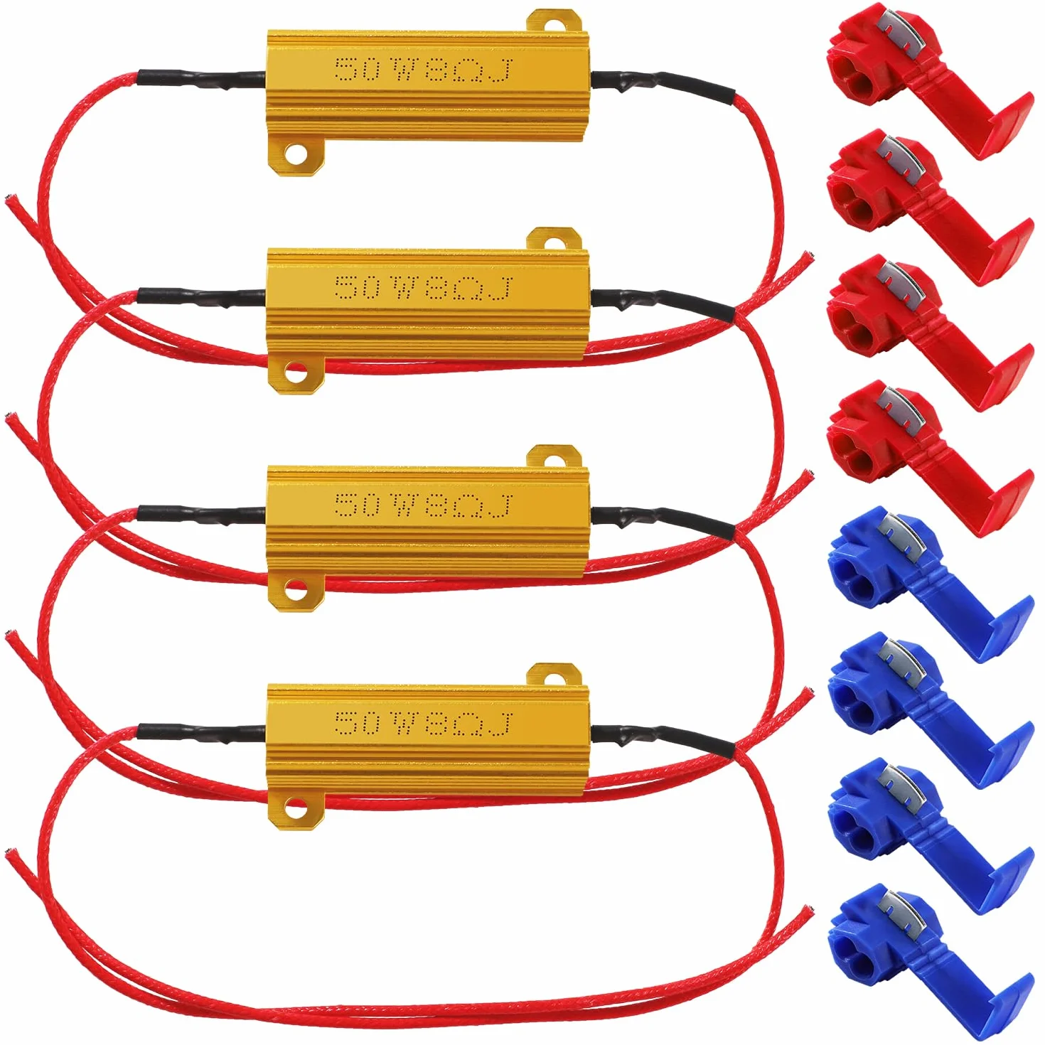 YIXISI 4 Pezzi 50W 8Ohm Resistenze di Carico a LED, Resistenza di Carico del Faro Antinebbia Decoder, con 8 Quick Wire Clip, per Indicatori di Direzione a LED, Luci di Targa a LED, DRL