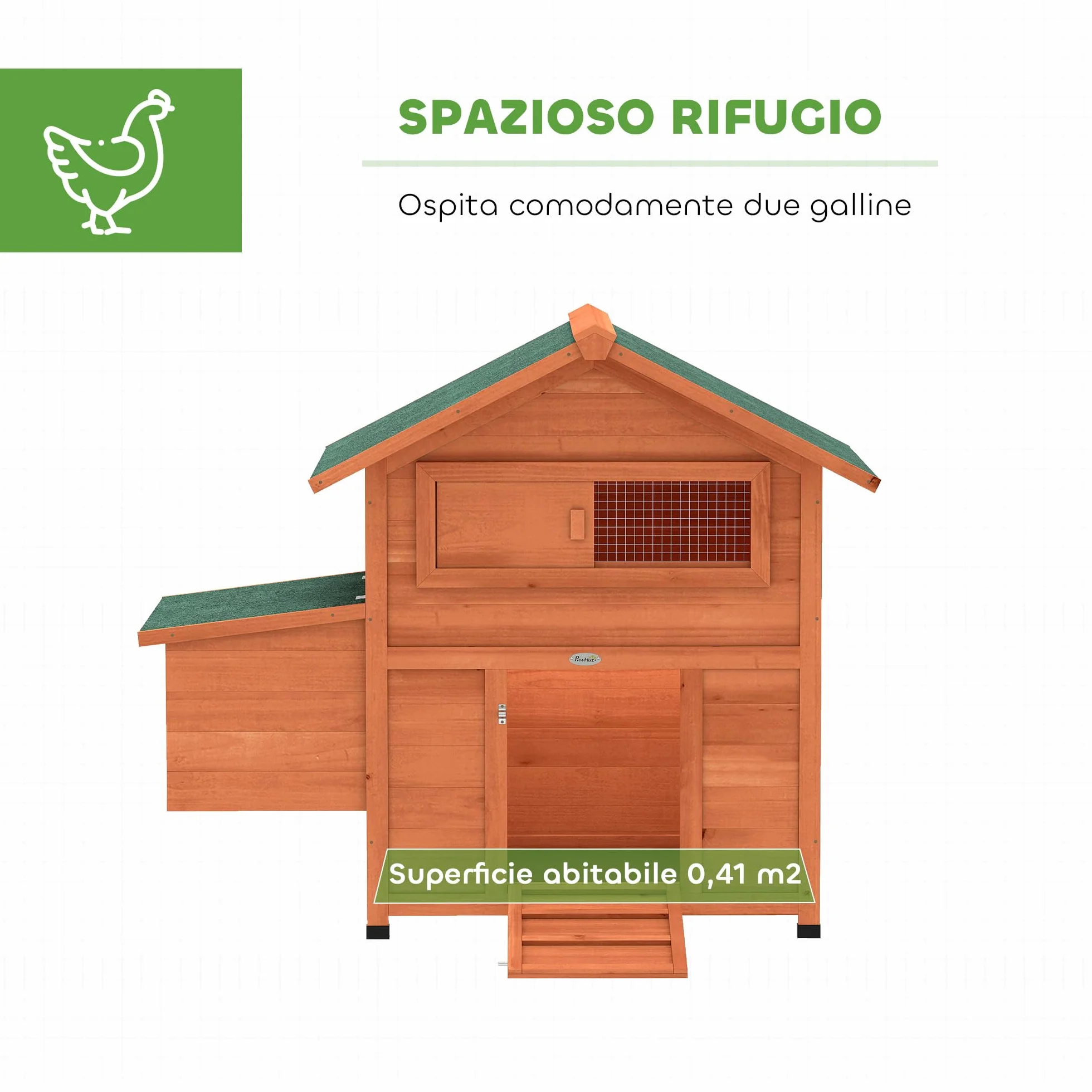 PawHut Pollaio in Legno con Nido, Pollaio per Galline Esterno, Tetto Impermeabile, Vassoio Estraibile, 2 Trespoli, Rampa, Finestra, Casetta per 2 Galline, Anatre, Giardino, 113.5x67.5x95.5cm,Arancione