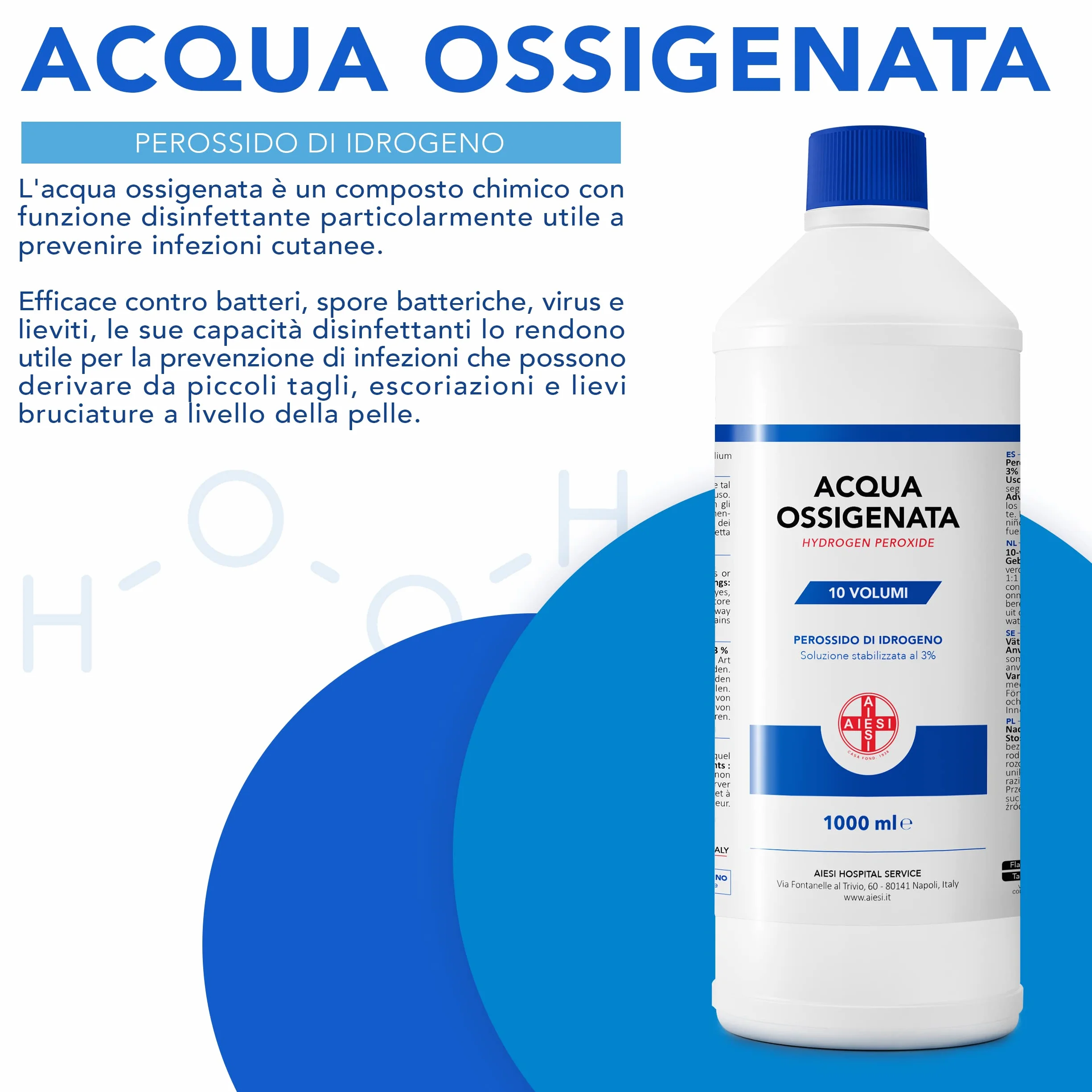 AIESI Acqua Ossigenata F.U. disinfettante 12x1000 ml con tappo sicurezza bambini Made in Italy