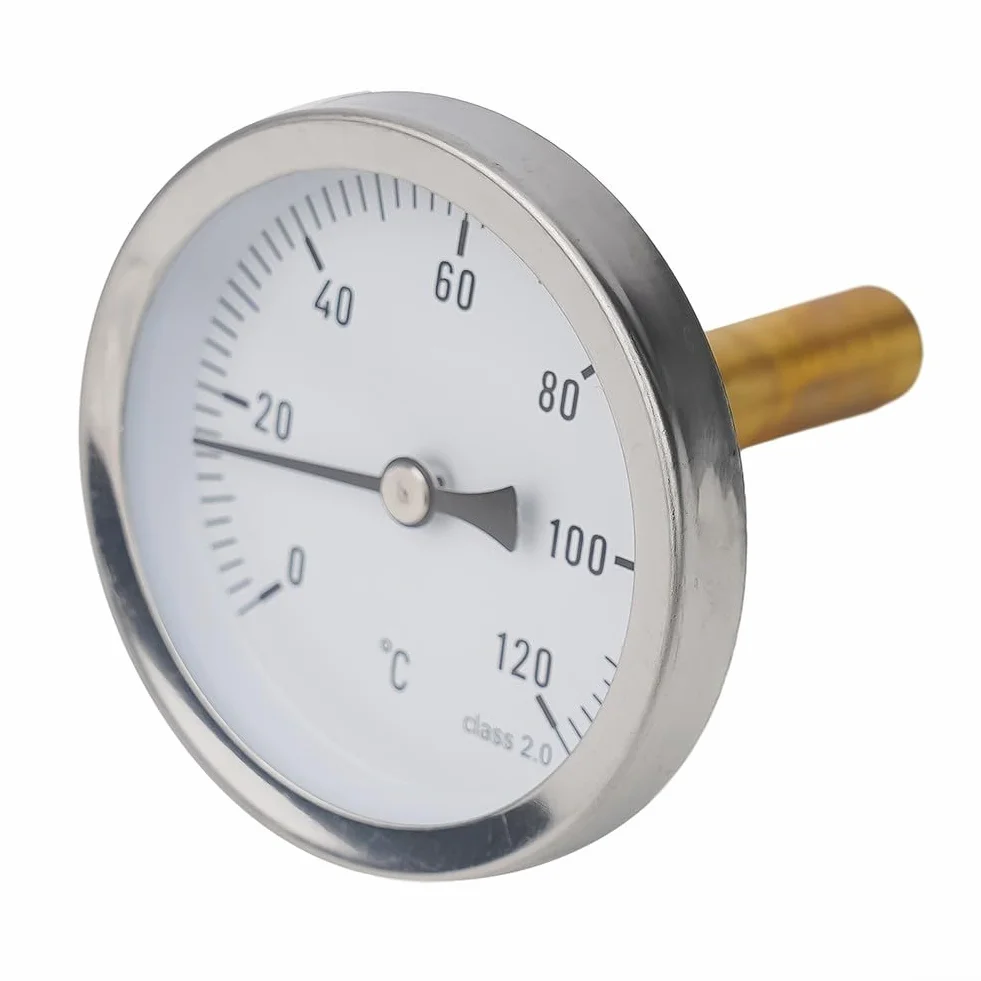Termometro bimetallico da 63 mm con quadrante da 0 a 120 gradi Celsius e manicotto ad immersione, in acciaio inossidabile e ottone, progettato per il controllo della temperatura in varie attrezzature
