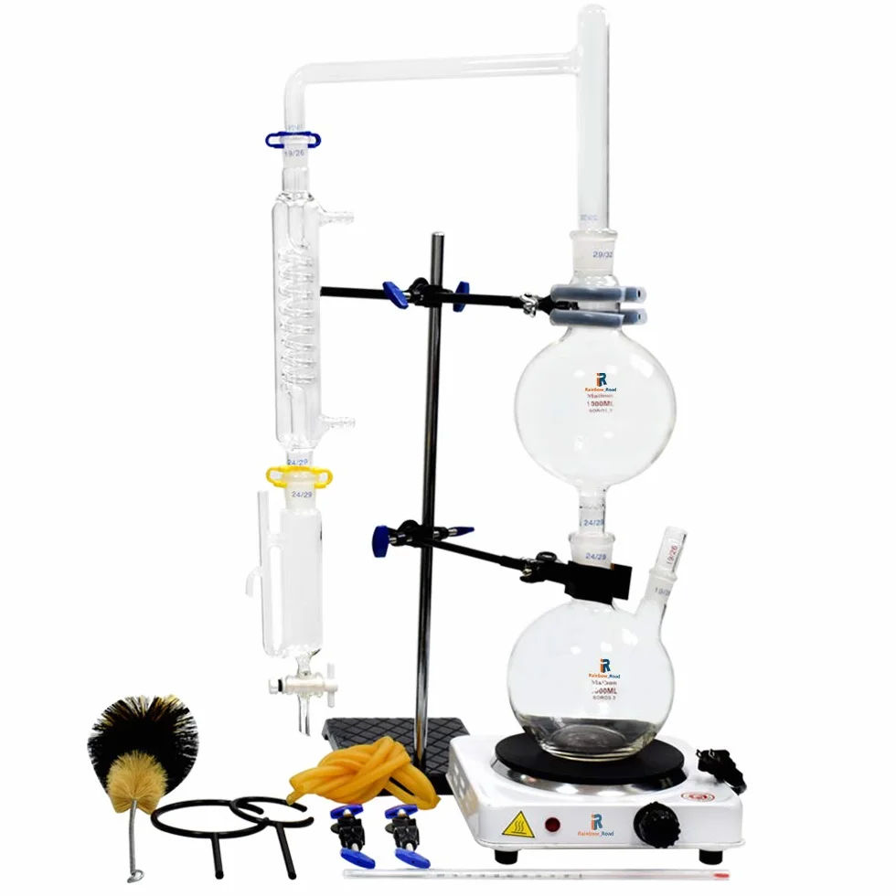1000ml Dispositivo per distillazione di oli essenziali Kit per vetreria da laboratorio Kit per purificatore per distillatore di acqua a vapore con imbuto separatore per fornelli caldi (1000ml)