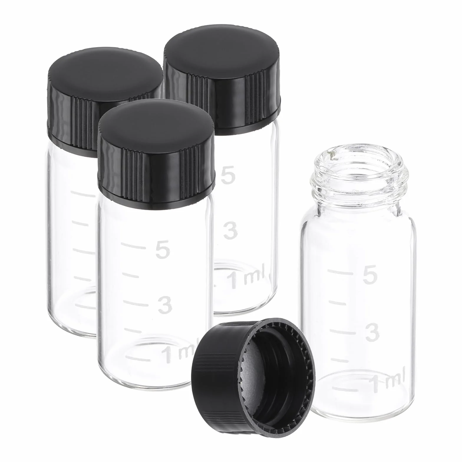 PATIKIL 4pz 5ml Piccoli Viali Vetro Trasparente con Tappo a Vite Nero, Bottiglie Campionamento Graduato Vetro Borosilicato Conservare Solidi Liquidi e Polveri