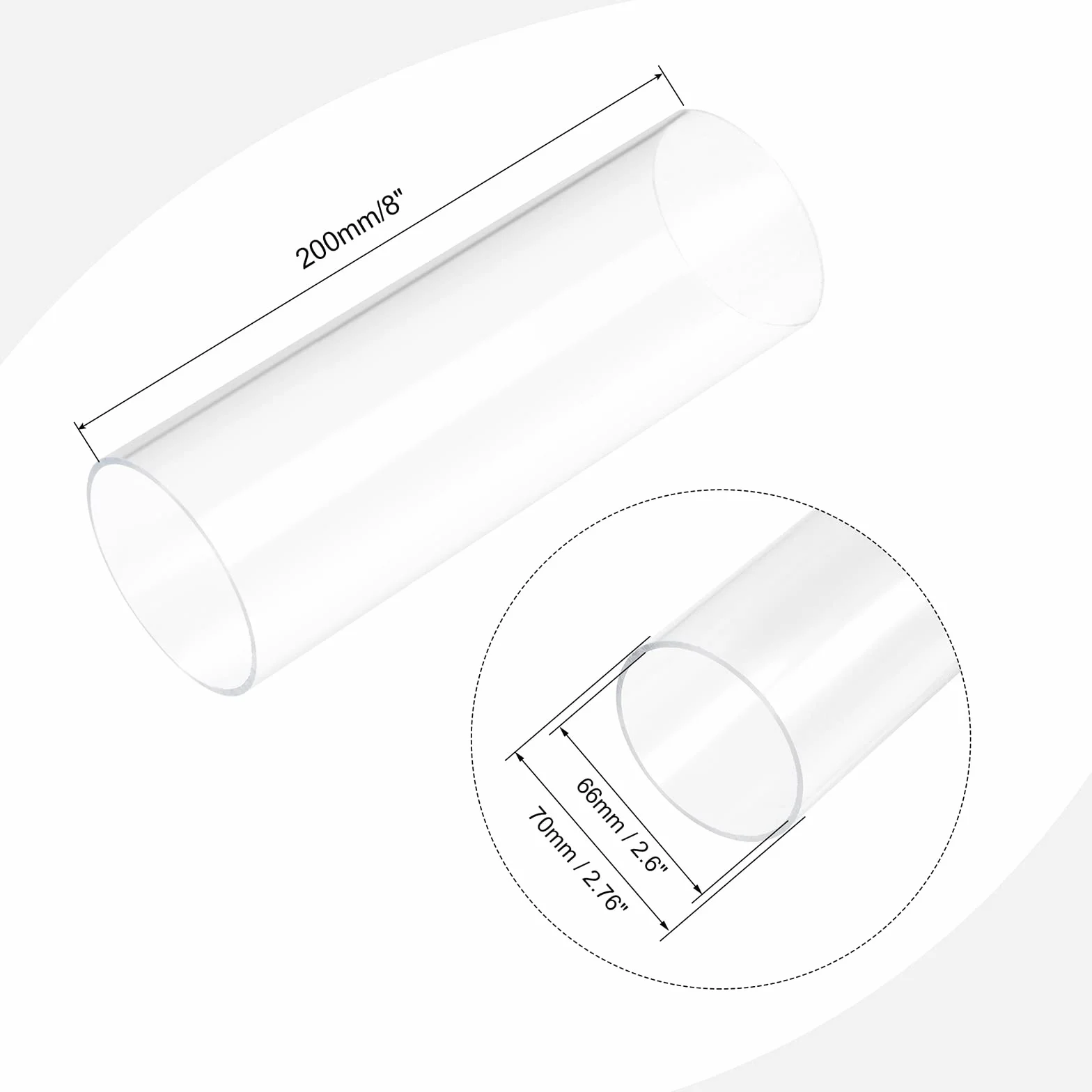 PATIKIL 66mm ID x 70mm OD x 200mm Trasparente Rigido Acrilico Tubo, Rigido Rotondo Tubo per Acqua Tubo