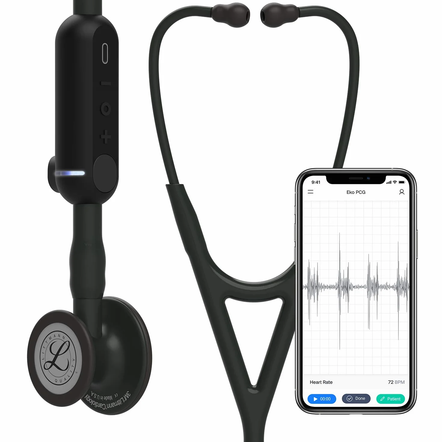 3M Littmann Stetoscopio Digitale CORE, 8490, testina nera, tubo, gambo e auricolare, 69 cm
