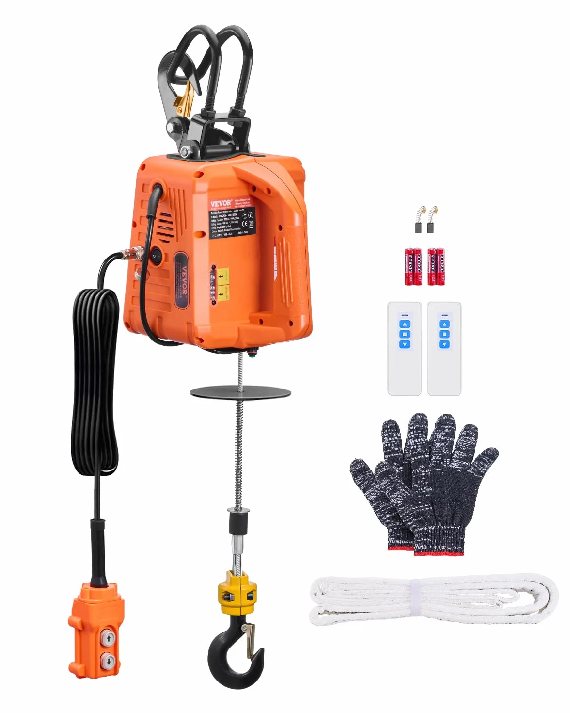 VEVOR Verricello Elettrico, Capacità 500 kg, Verricello Elettrico Portatile 1500 W, Altezza di Sollevamento 9,1 m, 4 m/min con Telecomando a Filo e Wireless, per Garage Fabbrica Sollevamento Traino