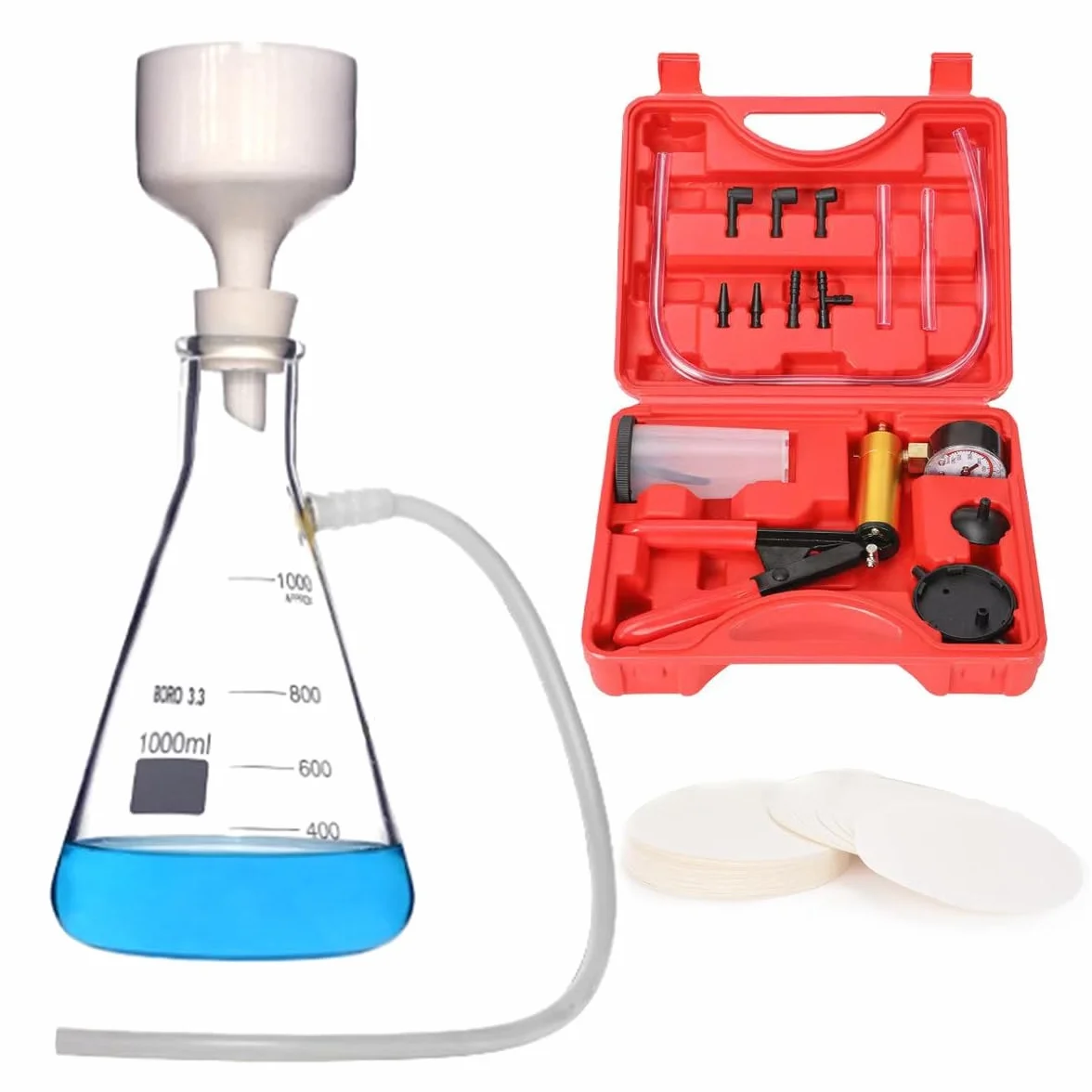 Kit di filtraggio sottovuoto da 1000 ml, per laboratorio di filtrazione sotto vuoto, con pompa di filtrazione sottovuoto, boccetta filtrante, imbuto Buchner, carta da filtro, tubo in gomma e tappo