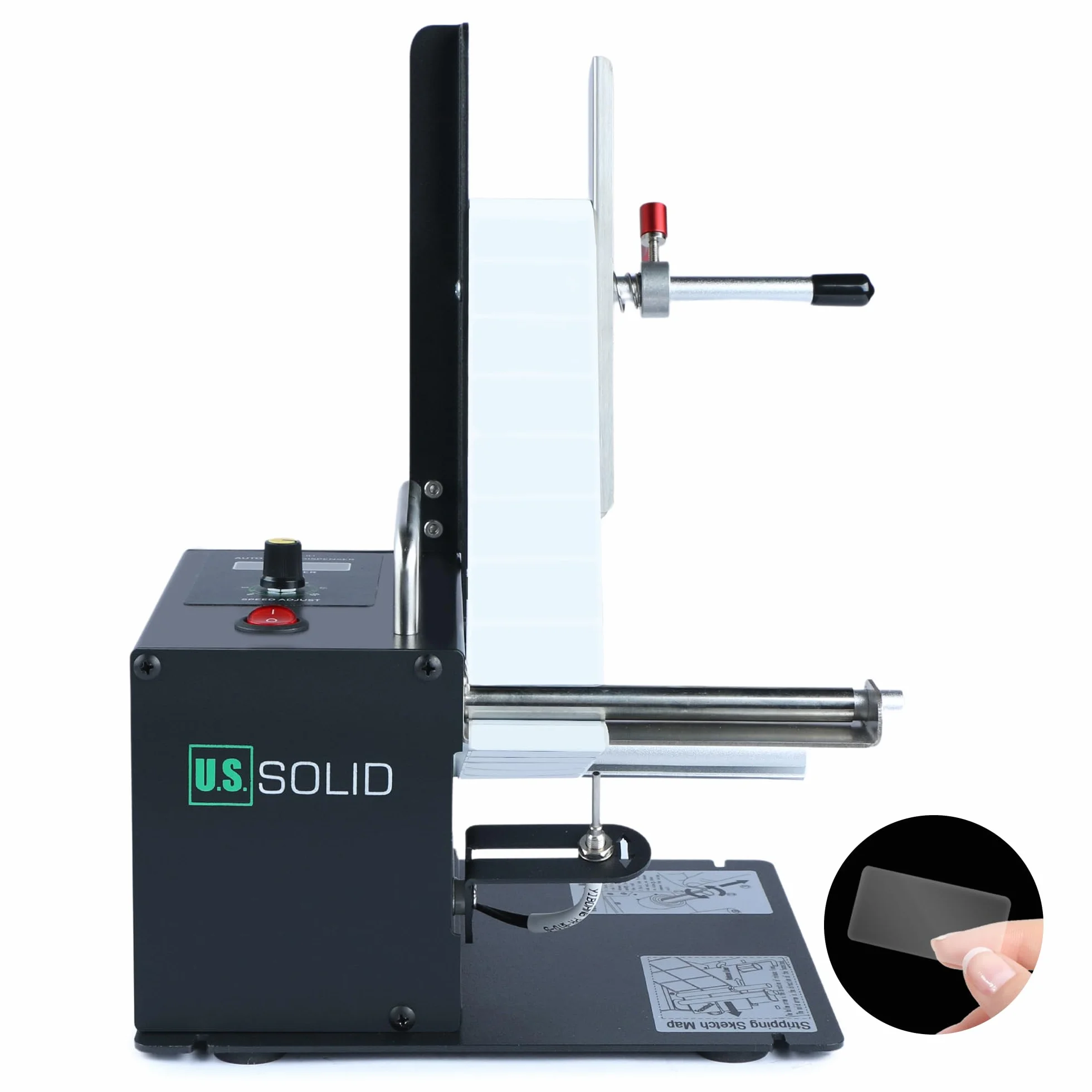 U.S. Solid Distributore automatico di etichette con contatore – Velocità regolabile, larghezza 10–115 mm, lunghezza 8–130 mm, per etichette trasparenti e opache