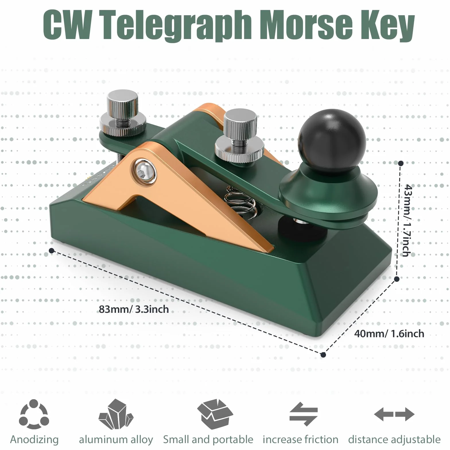 CW Morse Code Key - Chiave tascabile con codice Morse Telegraph Base in lega di alluminio grigia per radioamatoriali, tensione regolabile (verde-09B)