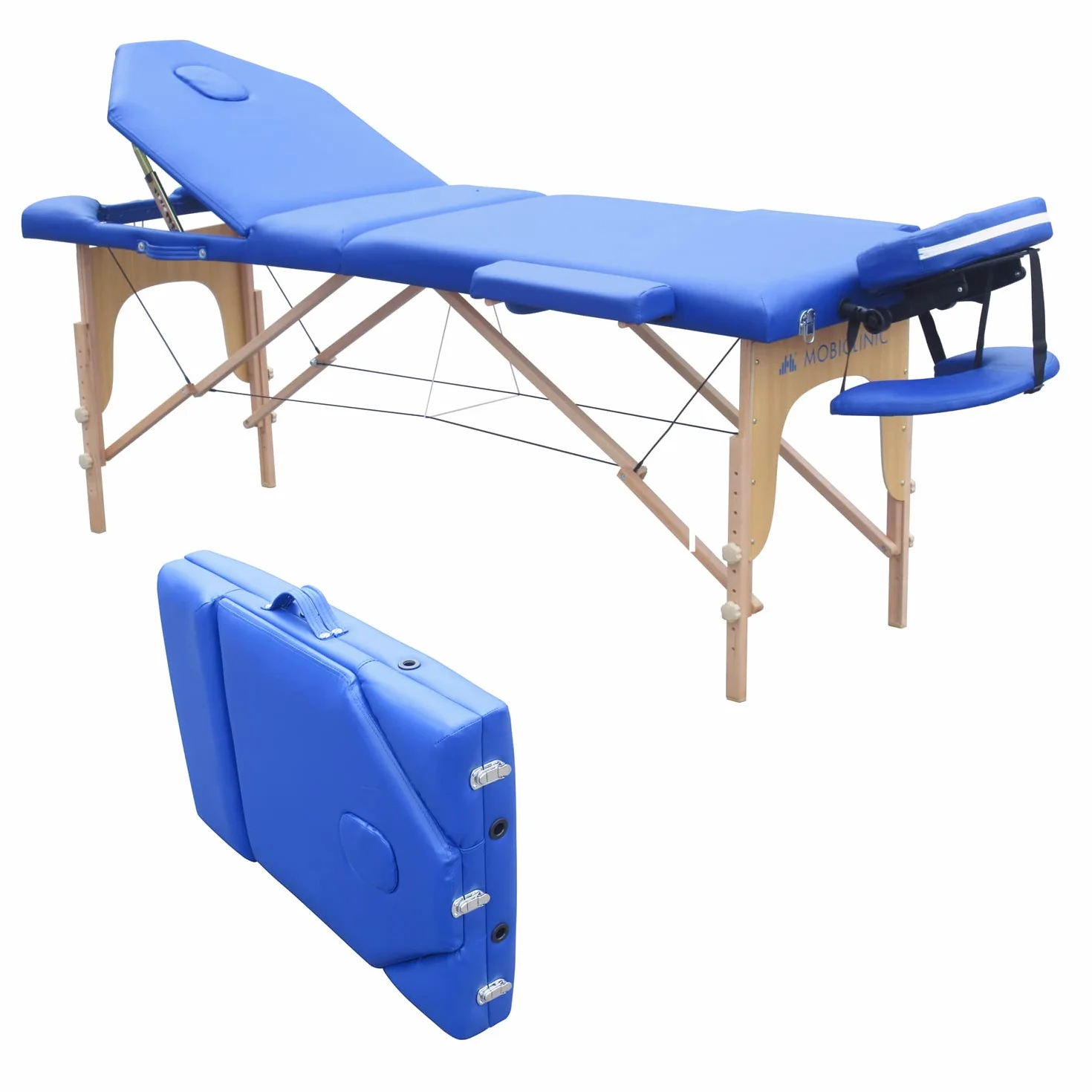 Mobiclinic®, Lettino per Fisioterapia, Massaggi, Estetica, CM-01 Plus, Marchio Europeo, Portatile, Pieghevole, Marcatura ce, Professionisti, Legno, 186x60 cm, Blu