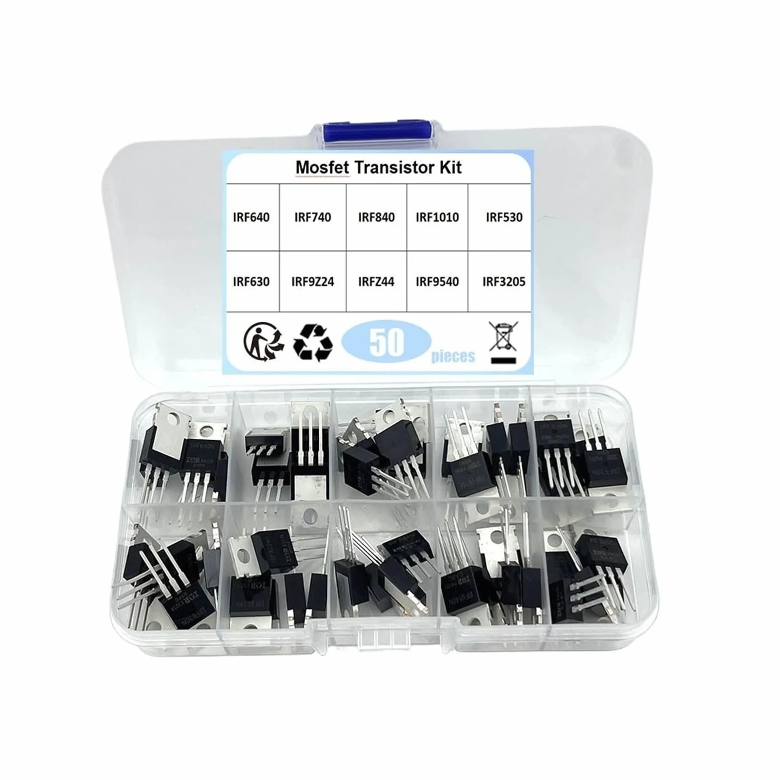 Kit transistor ad effetto di campo da 50 pezzi/scatola a 10 valori | IRF3205 IRF640 IRF740 IRF840 IRF530 IRF630 IRF1010 IRFZ44 IRF9540 IRF820 IRF9Z24
